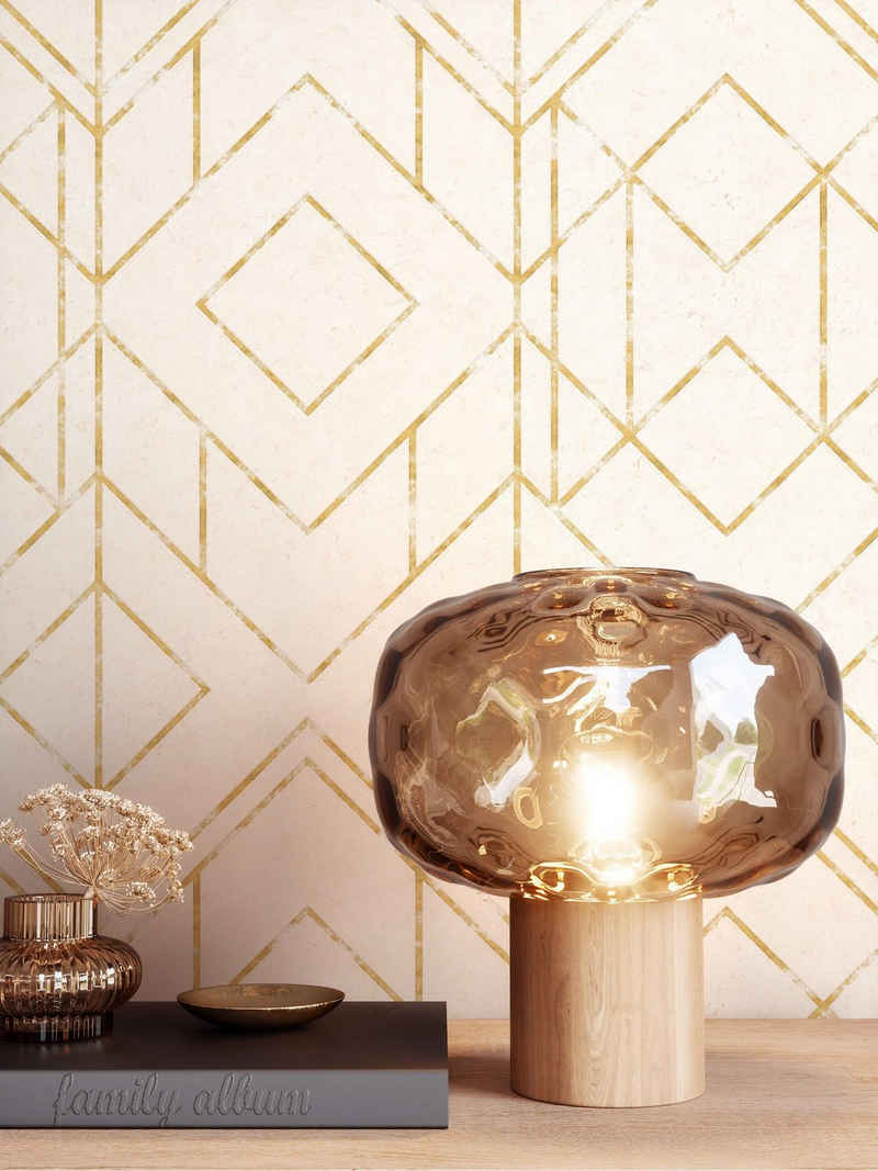 Newroom Vliestapete, Beige Tapete Grafisch Linien - Mustertapete Grafiktapete Gold Geometrisch Modern Grafik Muster für Wohnzimmer Schlafzimmer Küche