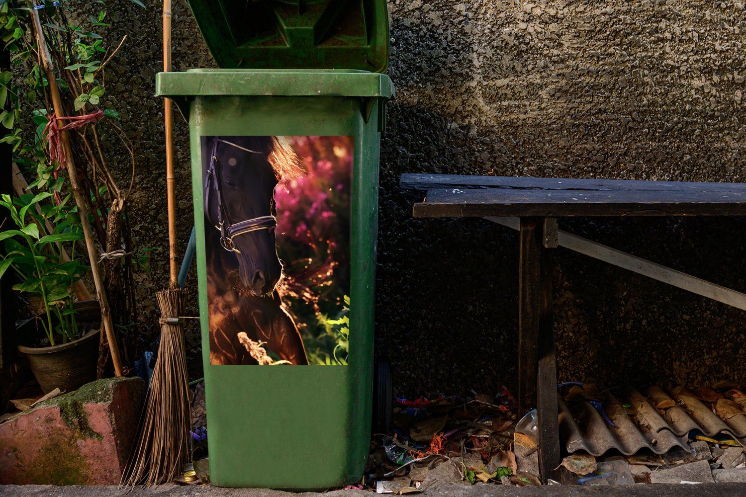 Sticker, Porträt St), - (1 Container, - Wandsticker Mülleimer-aufkleber, Abfalbehälter MuchoWow Mülltonne, Pferd Sonne