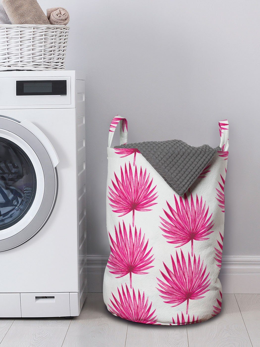 Abakuhaus Wäschesäckchen Wäschekorb mit für Wald Kordelzugverschluss Waschsalons, Rosa Palme Blätter Griffen