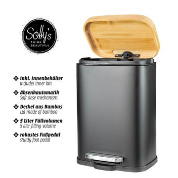 Solly's Kosmetikeimer Treteimer mit Bambus Deckel, 5 Liter, mit Absenkautomatik, für Bad oder Küche, rutschfest