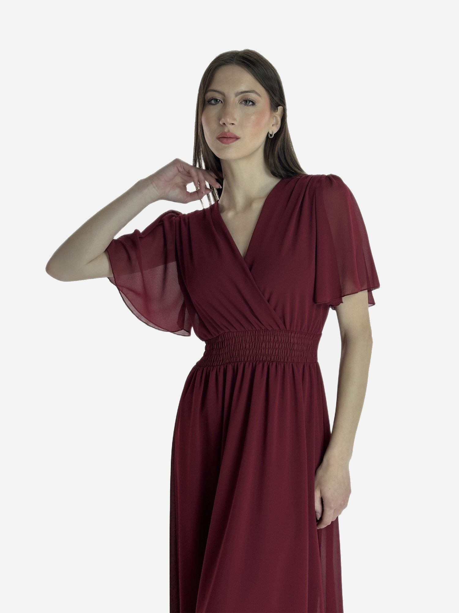 Elara Maxikleid — Damen Sommerkleid mit Wickeloptik, Smoktaille & Flügelärmeln (1-tlg) – Bild 5 von 5