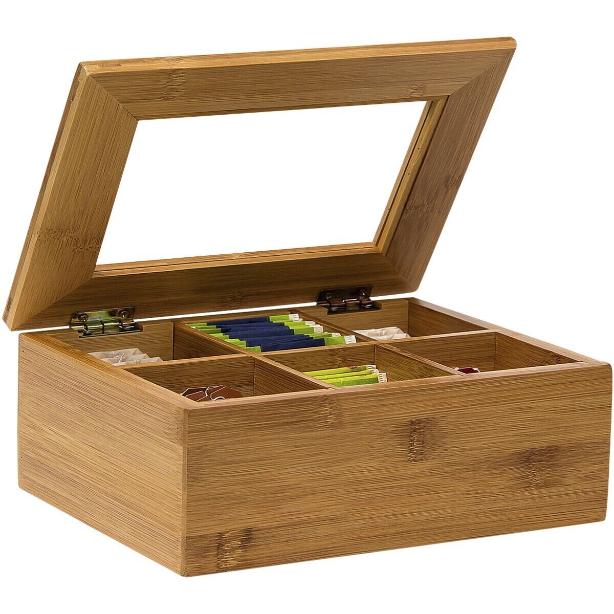 relaxdays Teebox, 10% Kunststoff, 90% Bambus, 6 Fächer, mit Klappdeckel und Sichtfenster