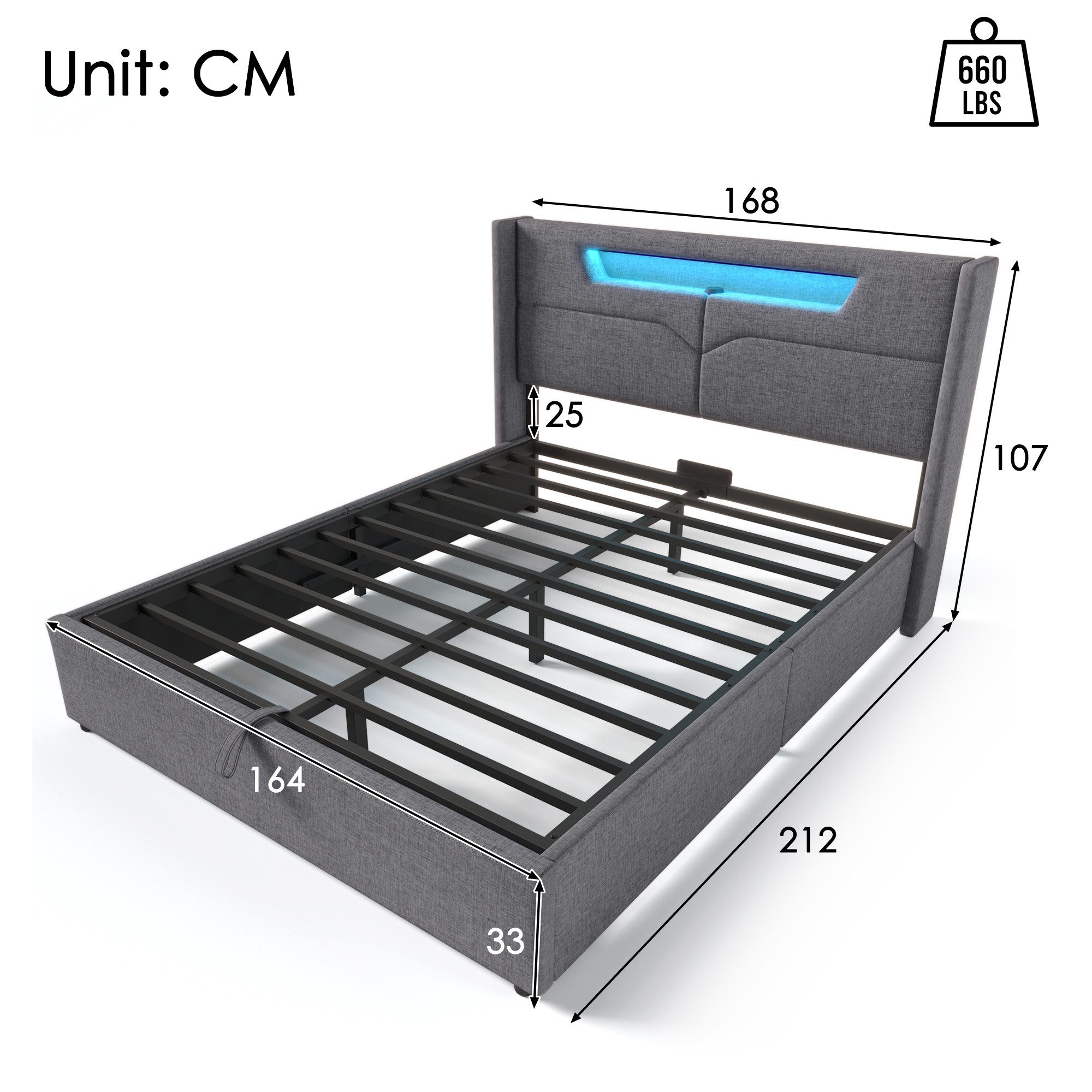 Celya Polsterbett Doppelbett mit USB, Typ C Ladefunktion und LED-Beleuchtung (Ohne Matratze 160x200cm Stauraumbetten Jugendbett mit lattenrost), Geeignet für Schlafzimmer