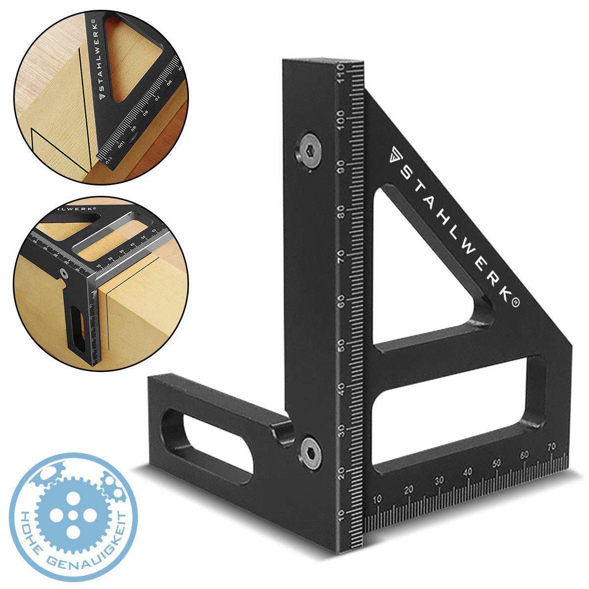 STAHLWERK Транспортир Gehrungswinkel mit Anschlag 3D-Winkel Gehrmaß, L:15,5 cm, (Set, Einzelartikel), besitzt integrierte Profilschablonen