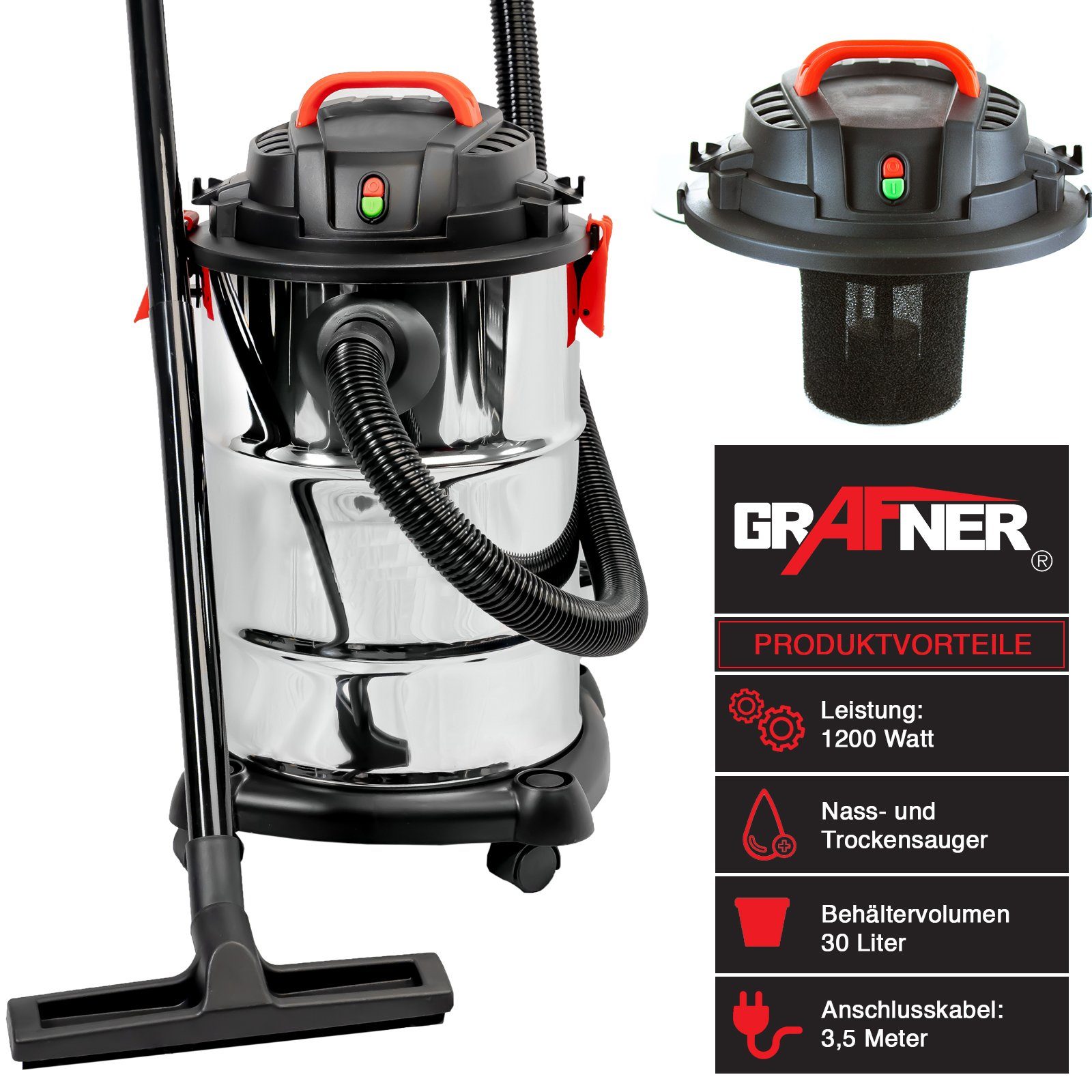 Grafner Nass-Trocken-Sauger Nass- und Trockensauger Industriesauger 1200W 30L beutellos, beutellos, umfangreiches Zubehör