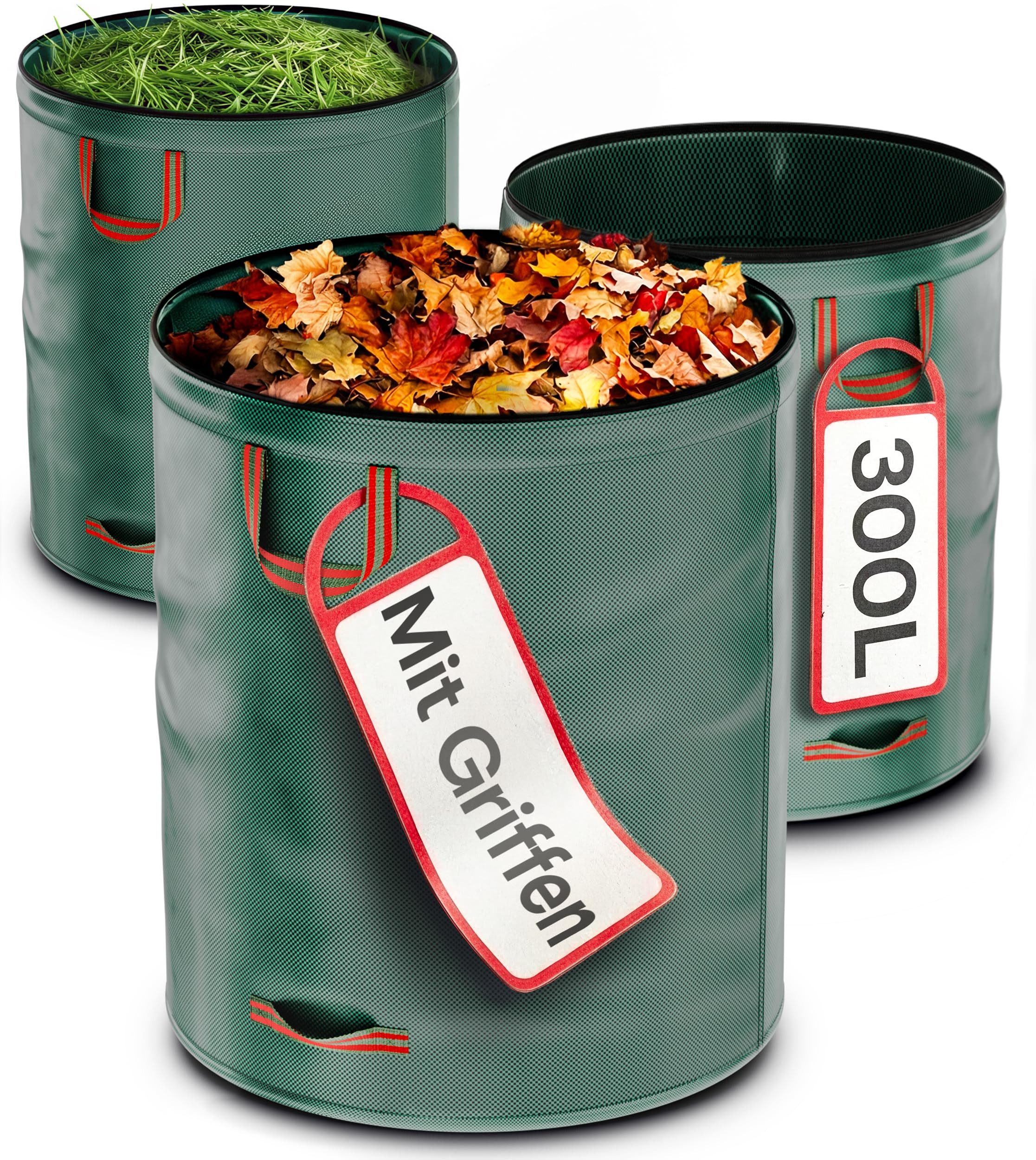 Praknu Gartenbox 3x Gartenabfallsack 300 Liter - Laubsack Mit 4 Reißfesten Griffen (3er Set, 3 St., 3x Gartenabfallsack 300L, 4 Griffe, PP 150g/m), Wasserdicht, Strapazierfähig, PP Gewebe 150g/m², Reißfest, Faltbar