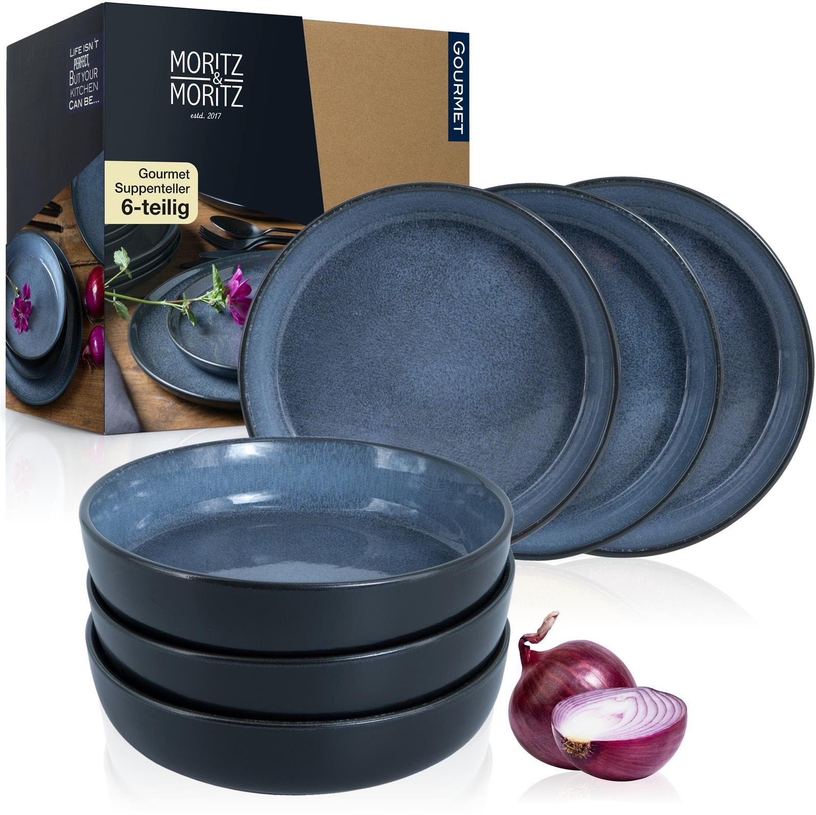 Moritz & Moritz Tafelservice VIDA Suppenteller Blau (6-tlg), 6 Personen, Porzellan, Geschirrset für 6 Personen
