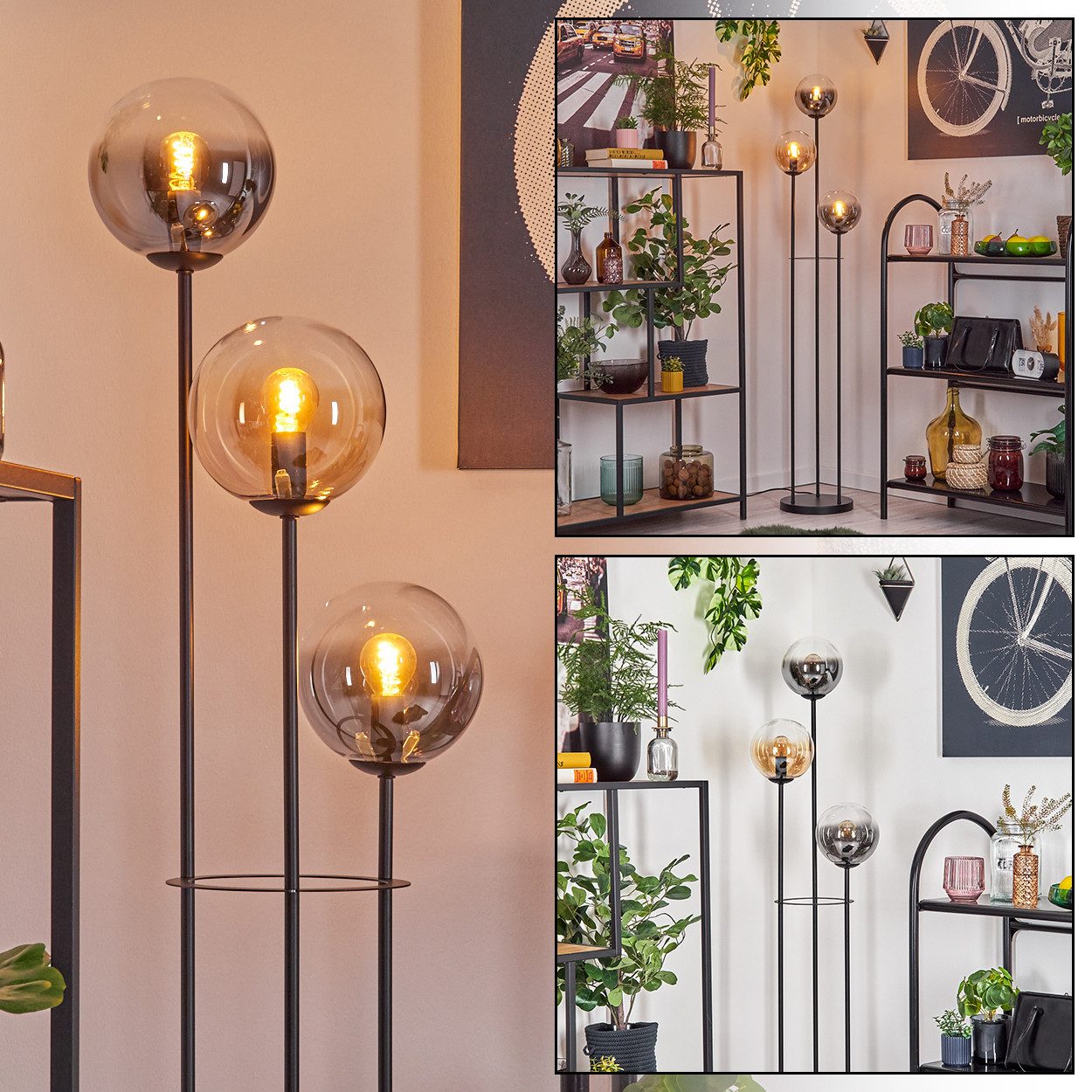 hofstein Stehlampe Stehlampe aus Metall/Glas in Schwarz/Rauch/Bernstein/Klar, ohne Leuchtmittel, im Vintage-Design (Schirme Ø 15 cm), Fußschalter, 150 cm, E14