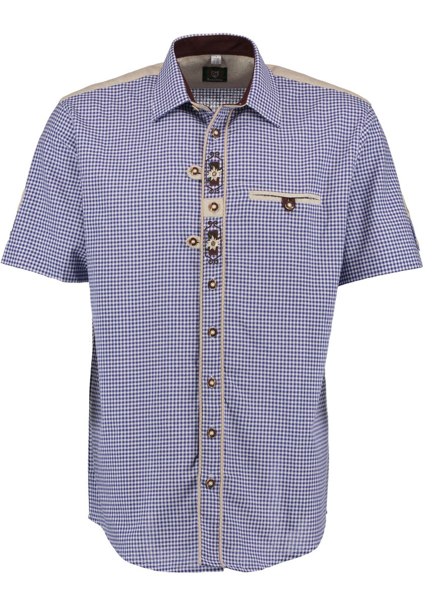 Gajesa Knopfleiste Trachtenhemd der Kurzarmhemd Edelweiß-Stickerei auf mit kornblau OS-Trachten