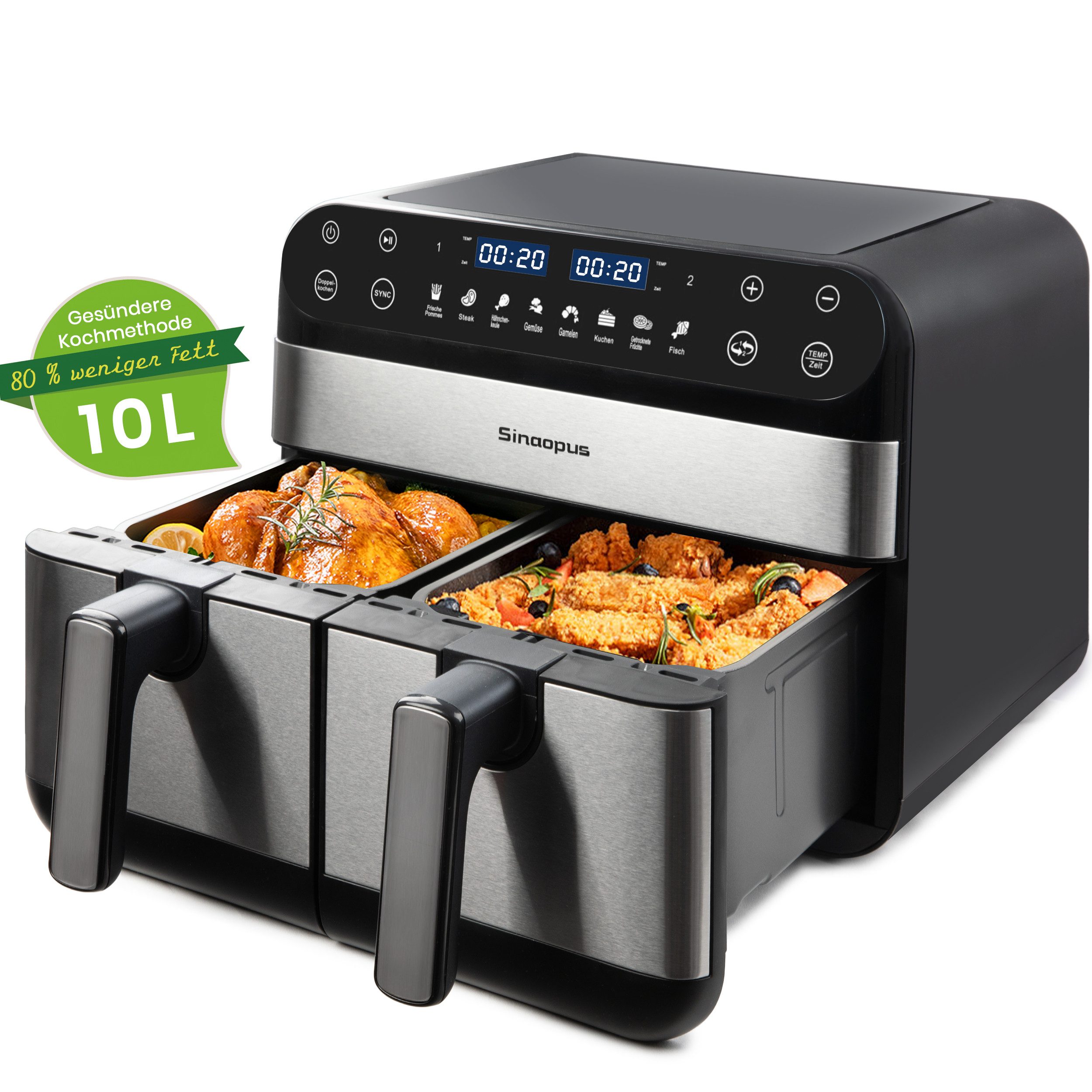 TAB Heißluftfritteuse Air Fryer 10L XXL Doppel Kammer, Dual Zone, weniger Öl, 2400,00 W, Fritteuse mit Synchronisierte Backfunktion, Gesundes Kochen