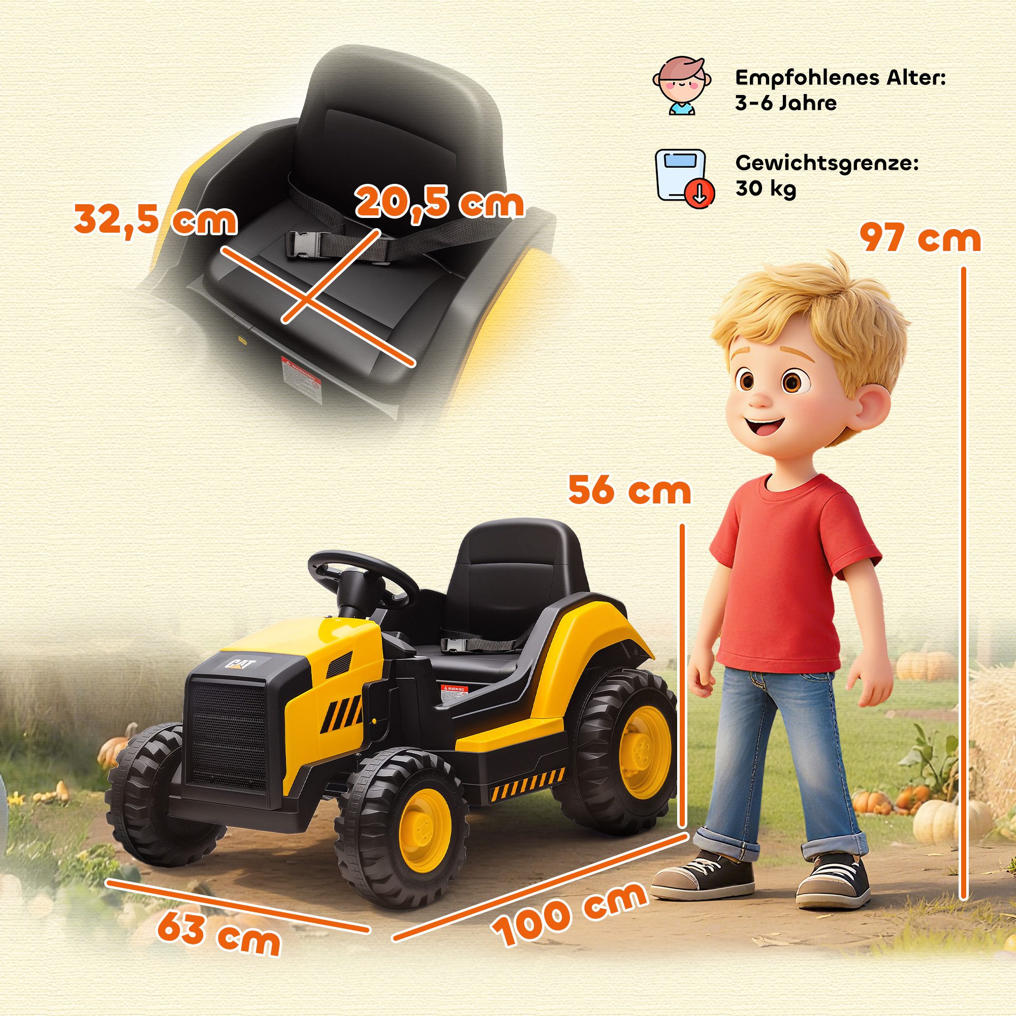 AIYAPLAY Elektro-Kindertraktor Aufsitztraktor mit 2,4G Fernbedienung Bluetooth Elektrotraktor, (1-tlg), für Kinder 3-6 Jahre, Gelb