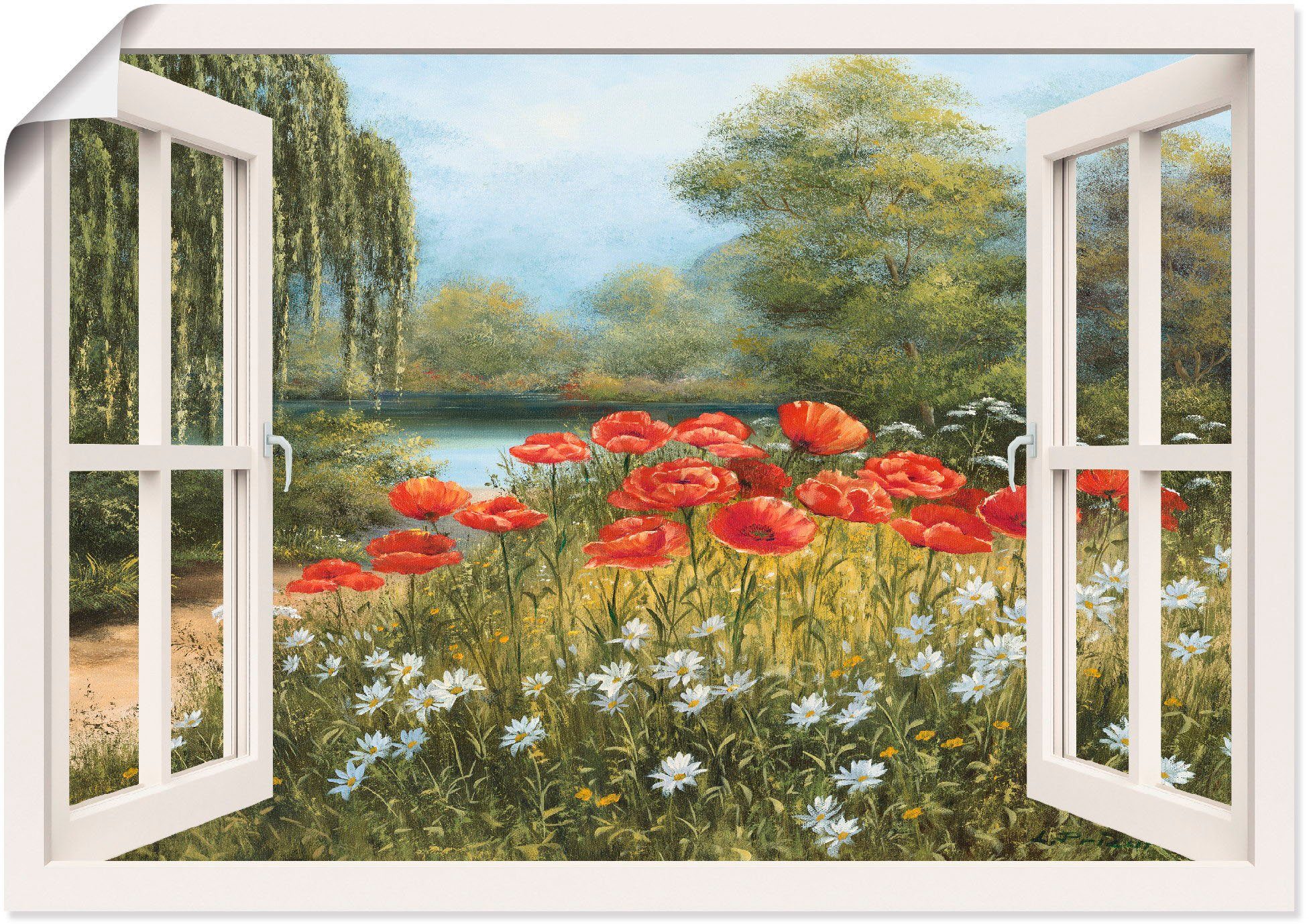 Artland Wandbild Fensterblick Mohnwiese, Fensterblick (1 St), als Leinwandbild, Wandaufkleber oder Poster in versch. Größen