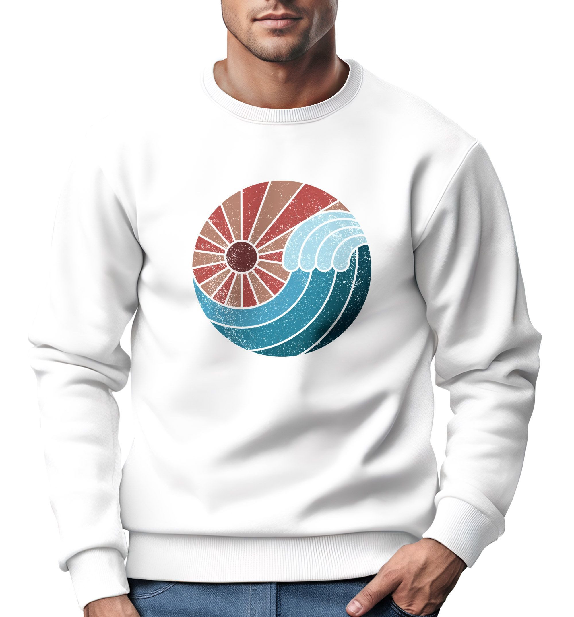 Sweatshirt Sweatshirt Herren Print Welle Sonne Retro Vintage Oldschool