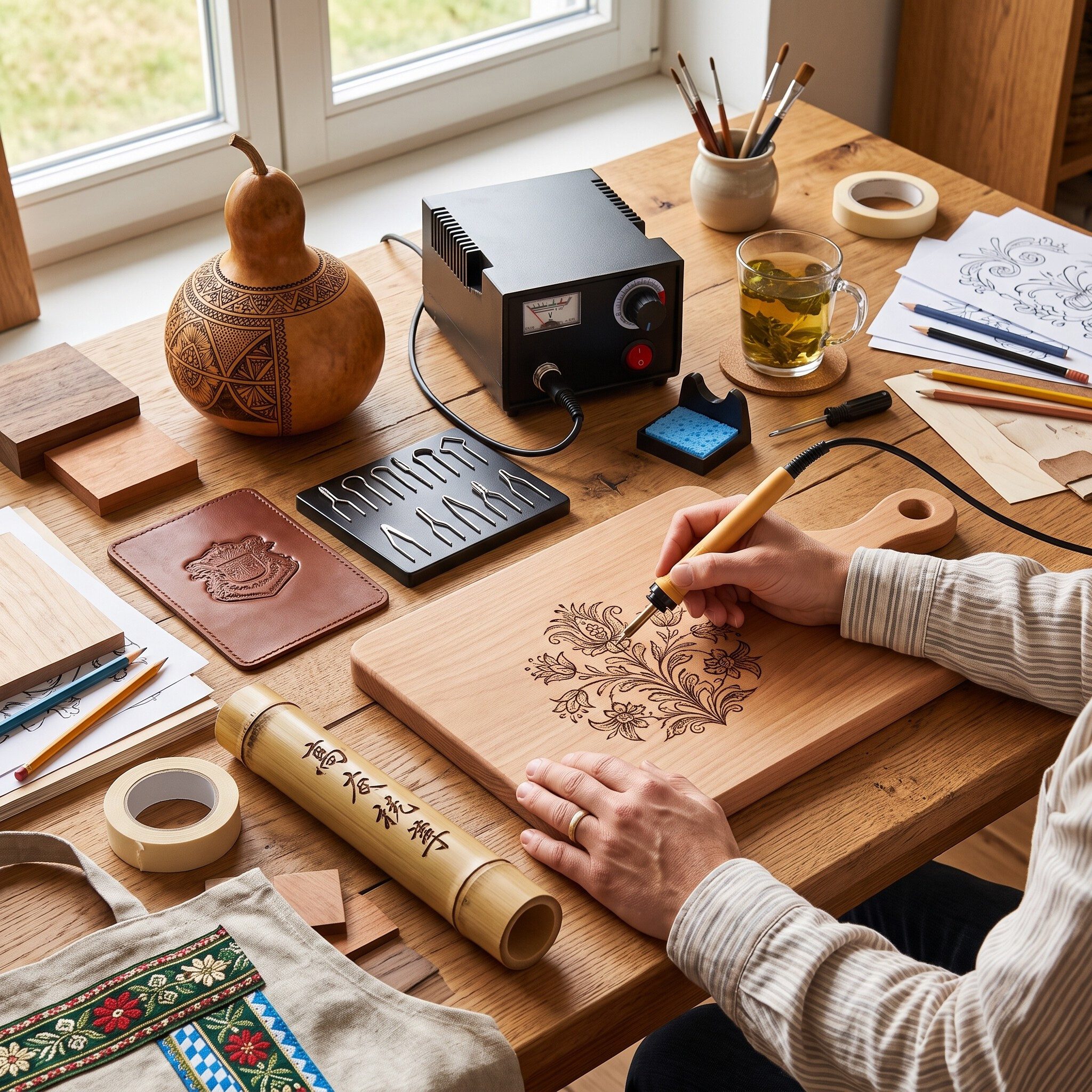 GARRYFIZH Kreativset Brandmalerei Einstellbare Temperatur Pyrographiegerät, Brennkolben-Set mit 10 Drahtspitzen