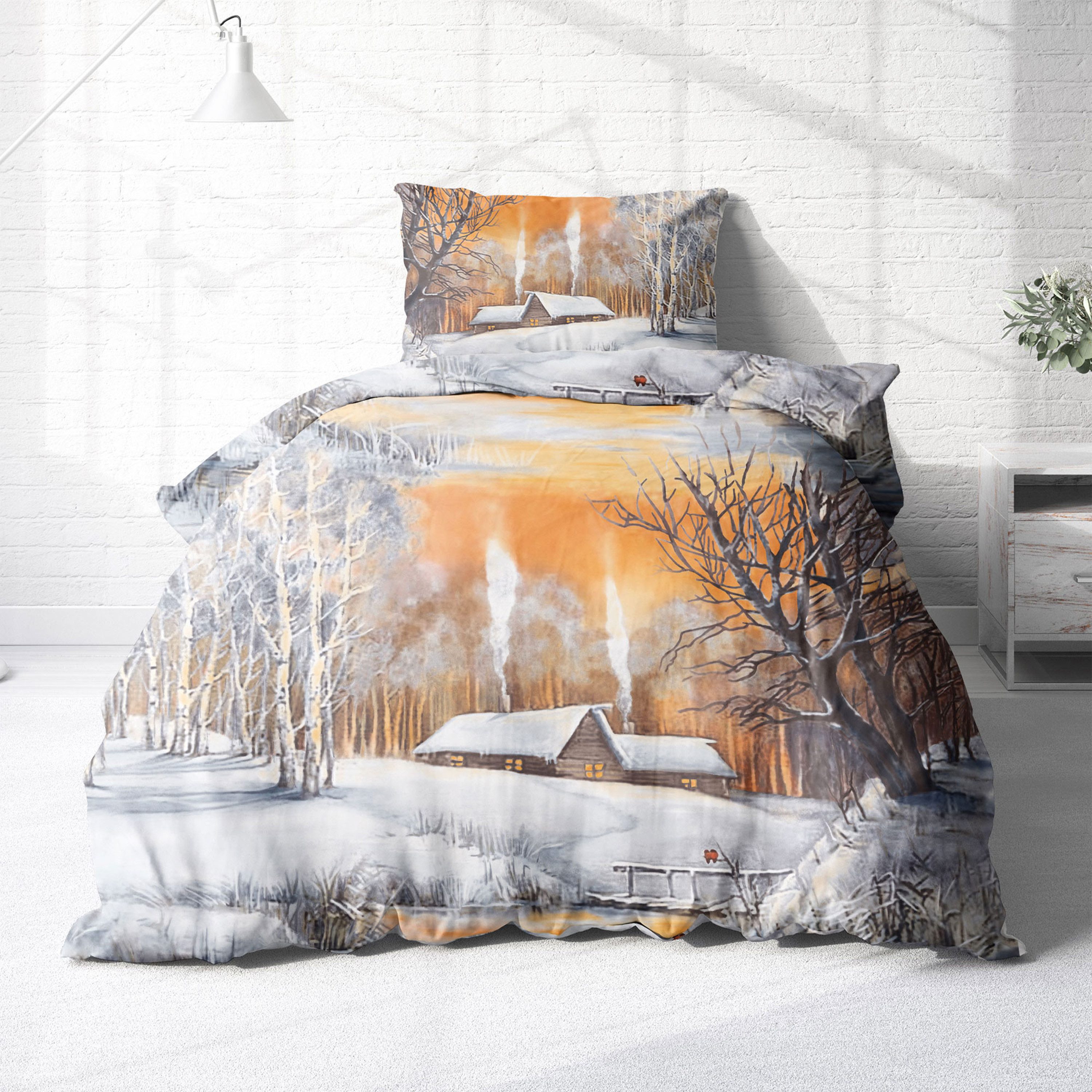 Träumschön Bettwäsche Biber 135x200 cm oder 155x220 cm, Weihnachten Schneelandschaft, Biber, 2 teilig, mit Reißverschluss, 100% Baumwolle, kuschelig warm im Winter