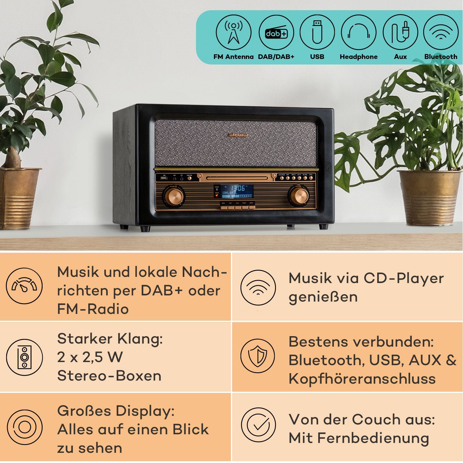 Auna Belle UKW-Radio, Retro-Radio Epoque Schwarz 1906 W) 5 und (DAB