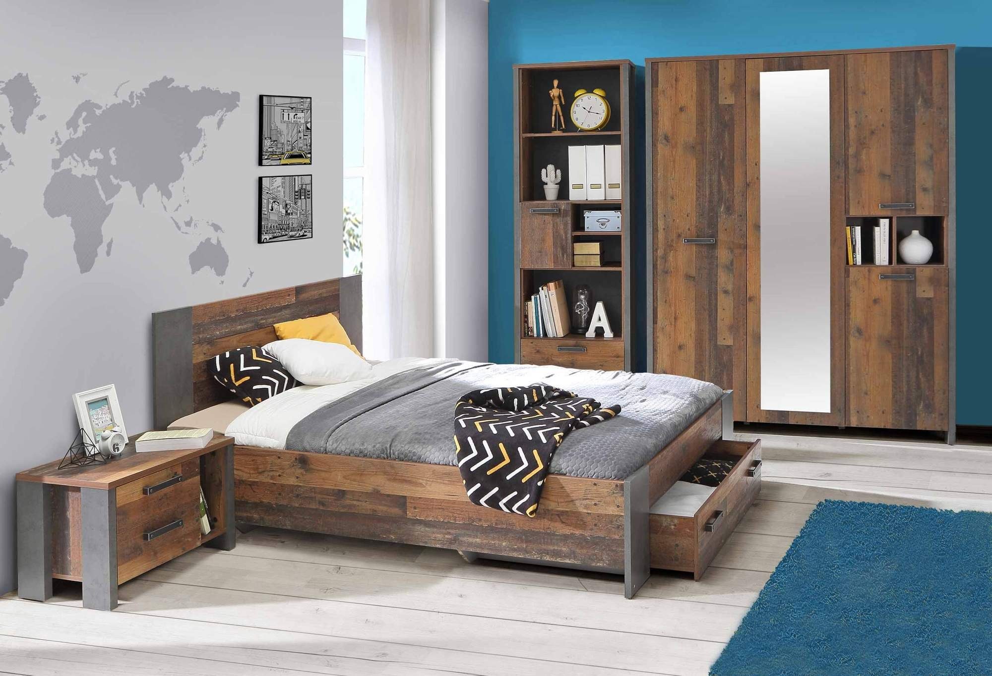 FORTE Komplettschlafzimmer Jugendzimmer CLIF, 5-teiliges Set in Old Wood Vintage und Betonoptik, (Komplett-Set, 5-tlg., Nachtkommode, Jugendbett, Schublade, Regal, Kleiderschrank)