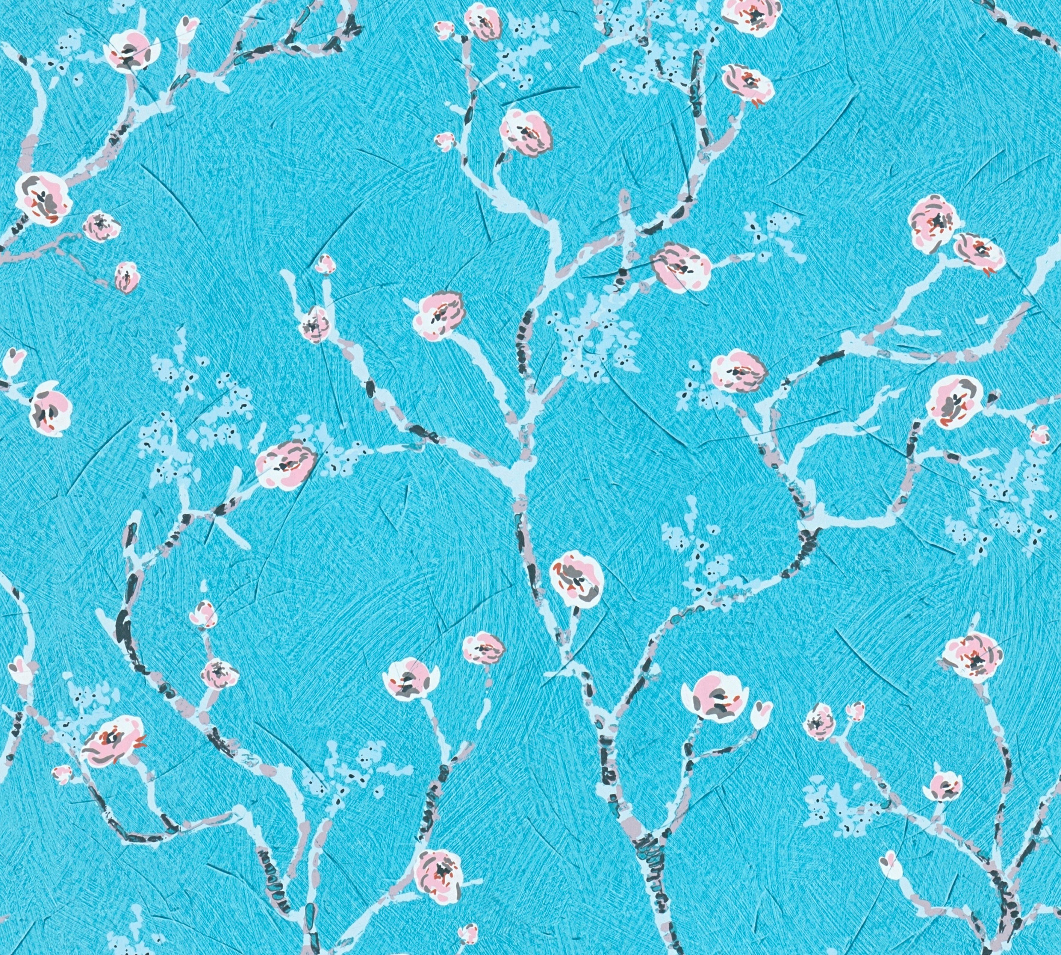 matt, PintWalls blau/rosa/weiß St), Création Mandelblüte, (1 A.S. glatt, Vliestapete Asiatisch