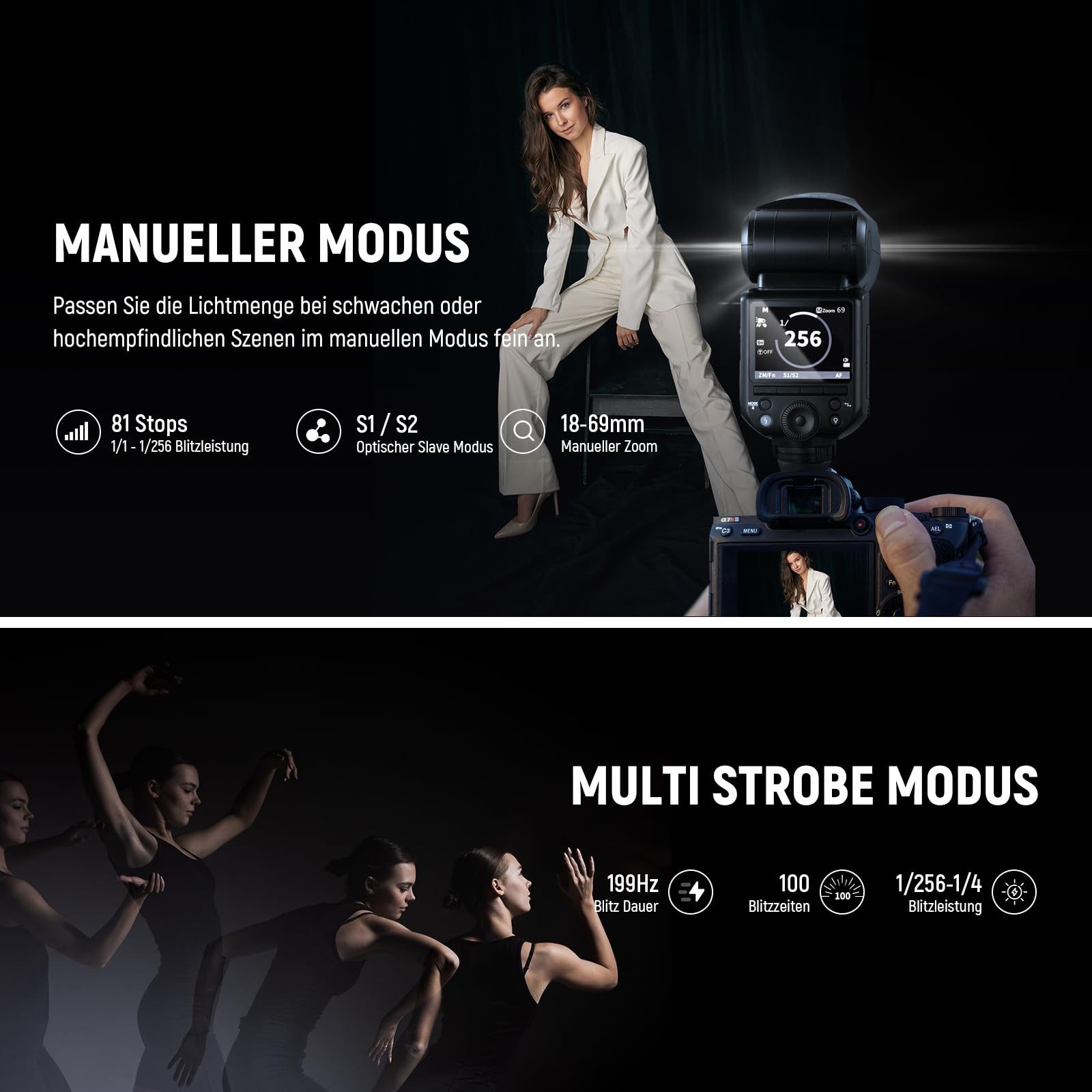 Neewer Z2-F Blitz für Fujifilm, 76W TTL/HSS, 2 Modellierlampen Blitzgerät, (Entfesselter Blitz: kabellos)