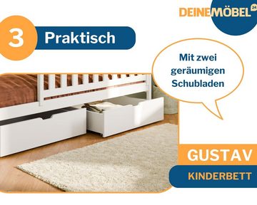 Deine Möbel 24 Kinderbett Einzelbett GUSTAV 90x200 cm in Weiß / Grau aus Massivholz (mit Schubladen, Lattenrost und Rausfallschutz), mit abnehmbarem Rausfallschutz, aus Massivholz / Vollholz