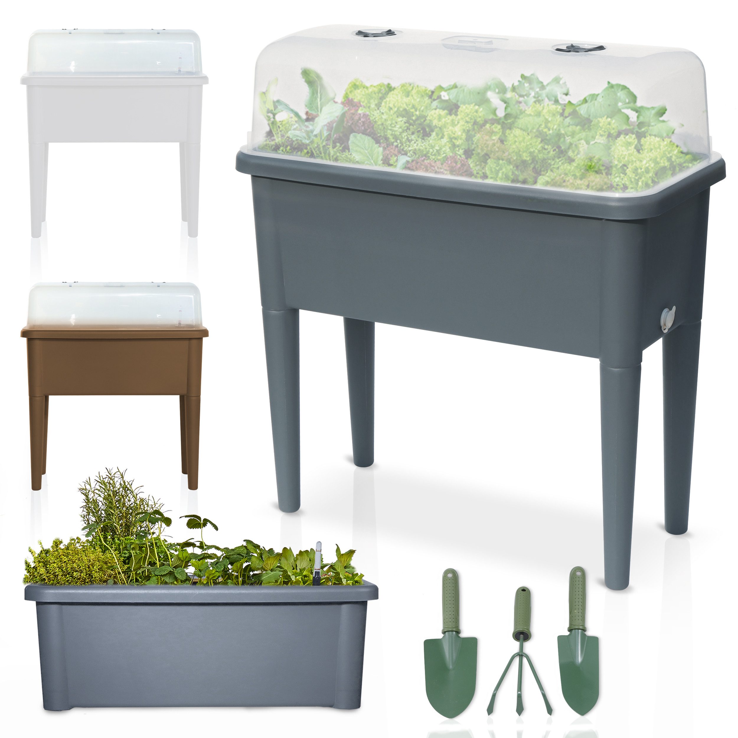 Onbest Hochbeet Kunststoff mit Deckel 76x66,5x37cm, wetterfest, inklusive Gartenwerkzeug Set