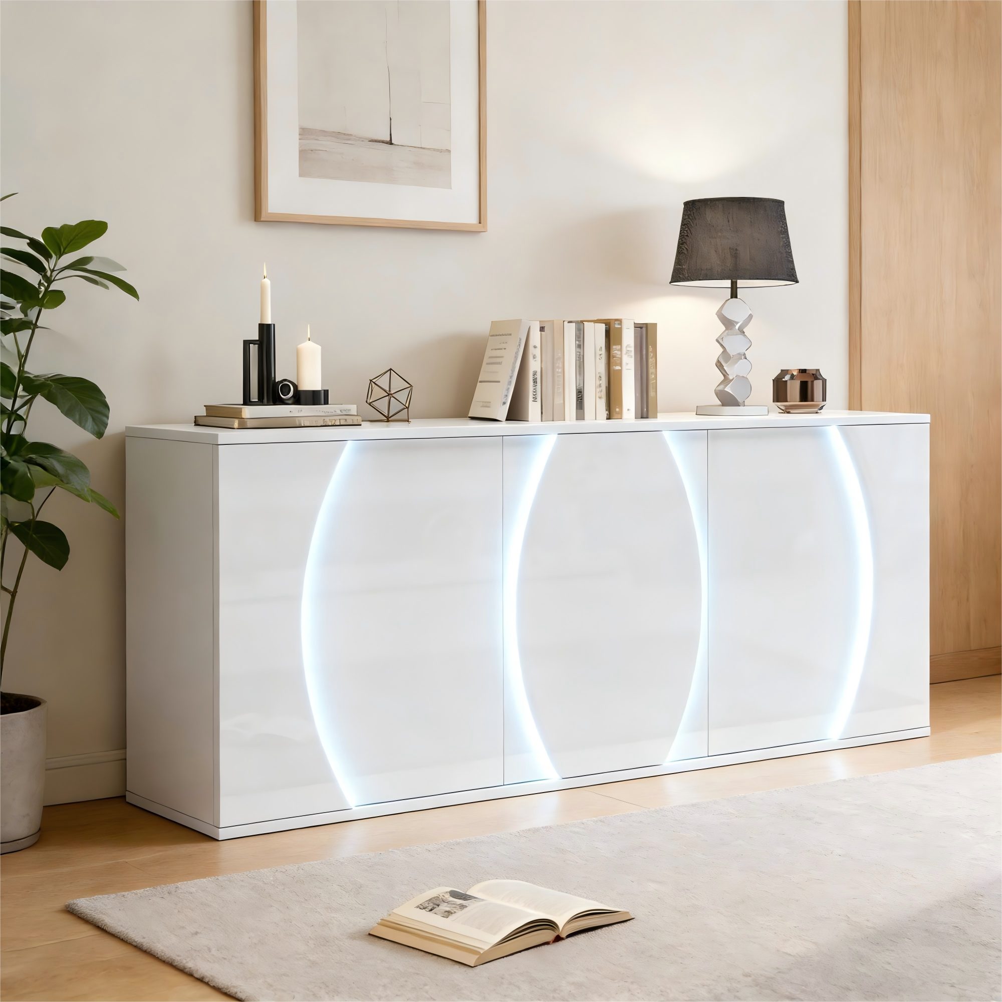 Merax Sideboard mit LED-Beleuchtung, Wohnzimmerschrank in Hochglanz Weiß (1 St), Kommode mit drei Türen und viel Stauraum, 150x40x70cm