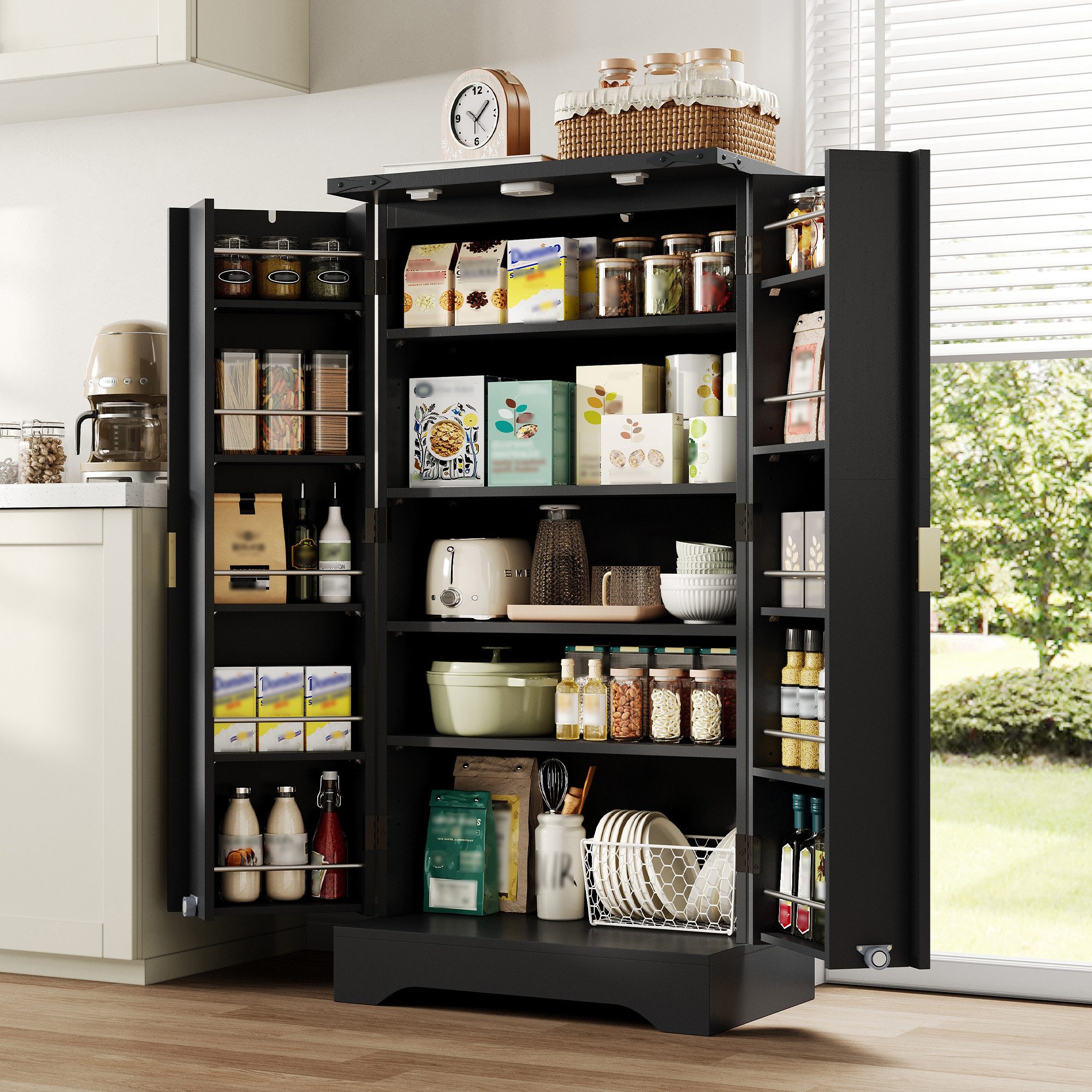 Flieks Hochschrank Küchenschrank mit LED-Sensorlicht und Türablagen (1-St., B60,5/T40/H120 cm) Mehrzweckschrank mit Gewürzregal und verstellbaren Regalböden Schwarz
