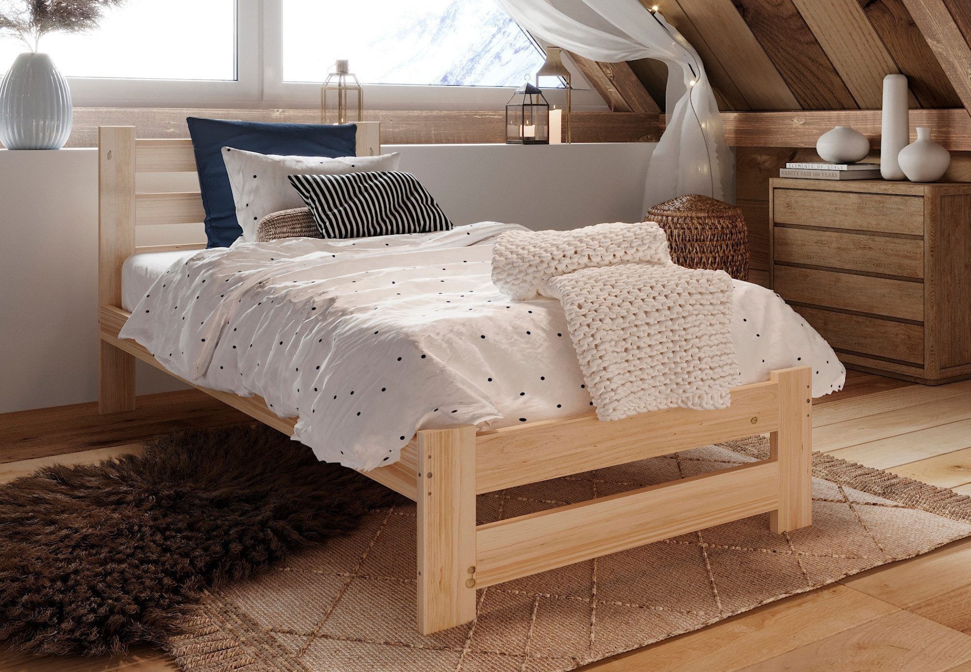 Home Collective Holzbett mit Lattenrost Modern Bett Kiefer Bettgestell Massivholzbett Klassisch (90x200, 120x200, 140x200, 160x200 cm), Einzelbett, Skandi Boho Landhaus Kopfteil hoch 90x200 cm natur