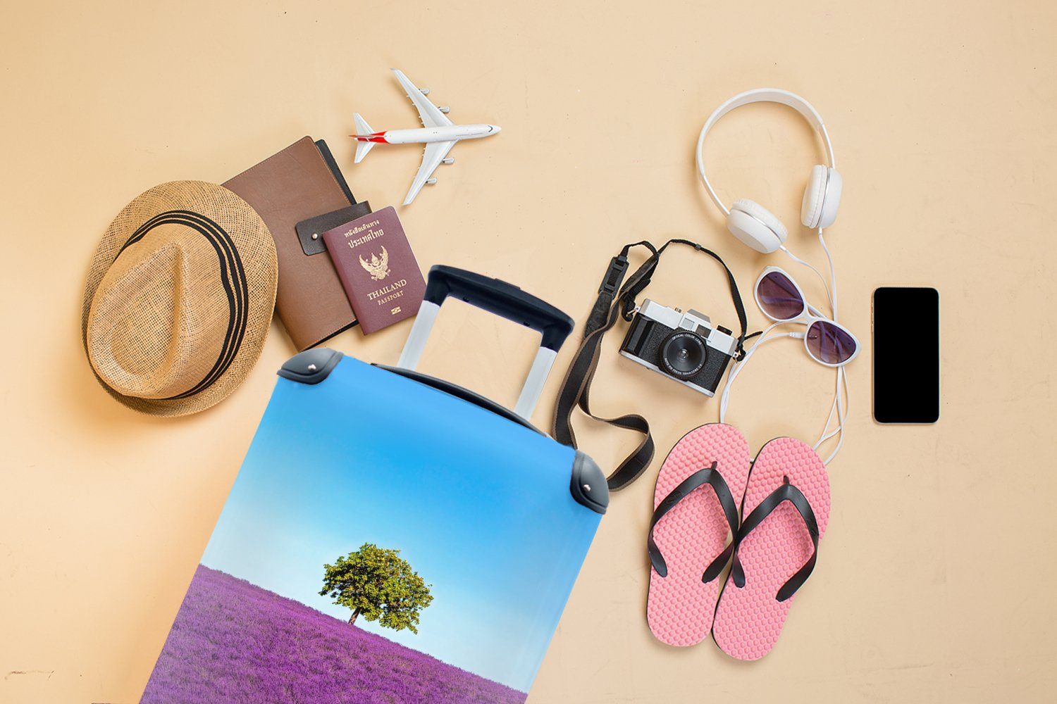 Himmel - - Ferien, mit - Trolley, Handgepäck Lavendel, für 4 Reisetasche Reisekoffer MuchoWow Handgepäckkoffer Rollen, rollen, Baum Lila