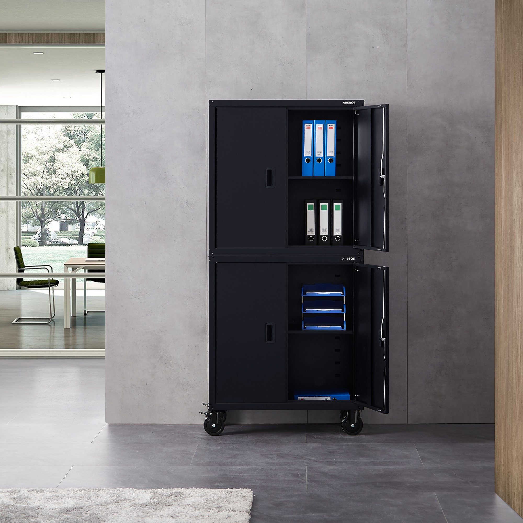 Arebos Aktenschrank 2er Set 180x90x40 cm – 4 Türen, abschließbar, mit Räder günstig online kaufen