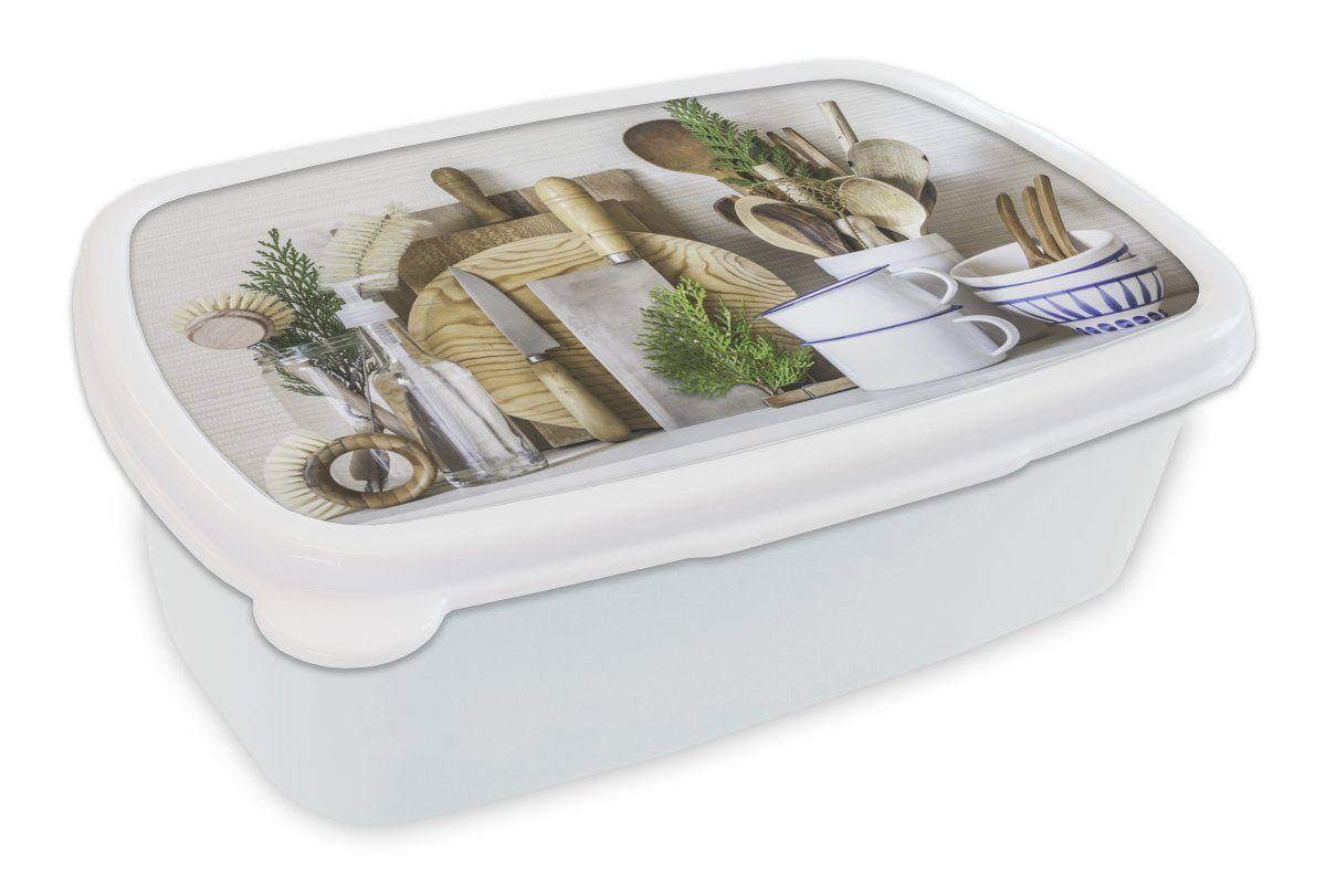 MuchoWow Lunchbox Küche - Kochgeschirr - Besteck, Kunststoff, (2-tlg), Brotbox für Kinder und Erwachsene, Brotdose, für Jungs und Mädchen weiß