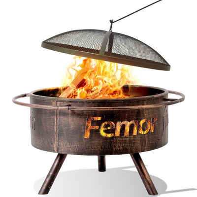 Femor Feuerschale »Feuerschale mit Funkenschutz & Schürhaken, Feuerkorb für Heizung/BBQ«, Retro-Look Feuerstelle, Feuerschalen für garten, 74x74x53 cm