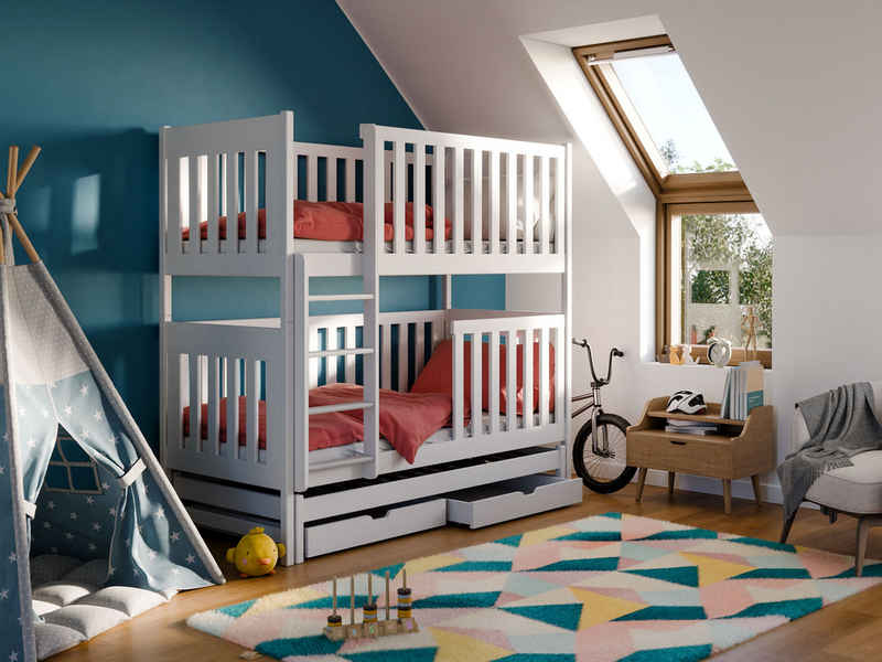 thematys Etagenbett Stockbett Hochbett Kinderbett 90x200 + Lattenrost und Rausfallschutz (für 2 oder 3 Kinder), mit Ausziehbett, zwei Schubladen, umbaubar zu drei Einzelbetten