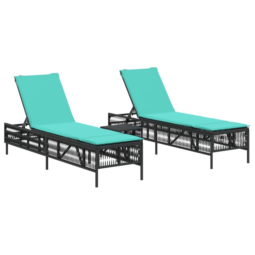 Gartenliege Sonnenliegen 2 Stk. mit Tisch Schwarz Poly Rattan