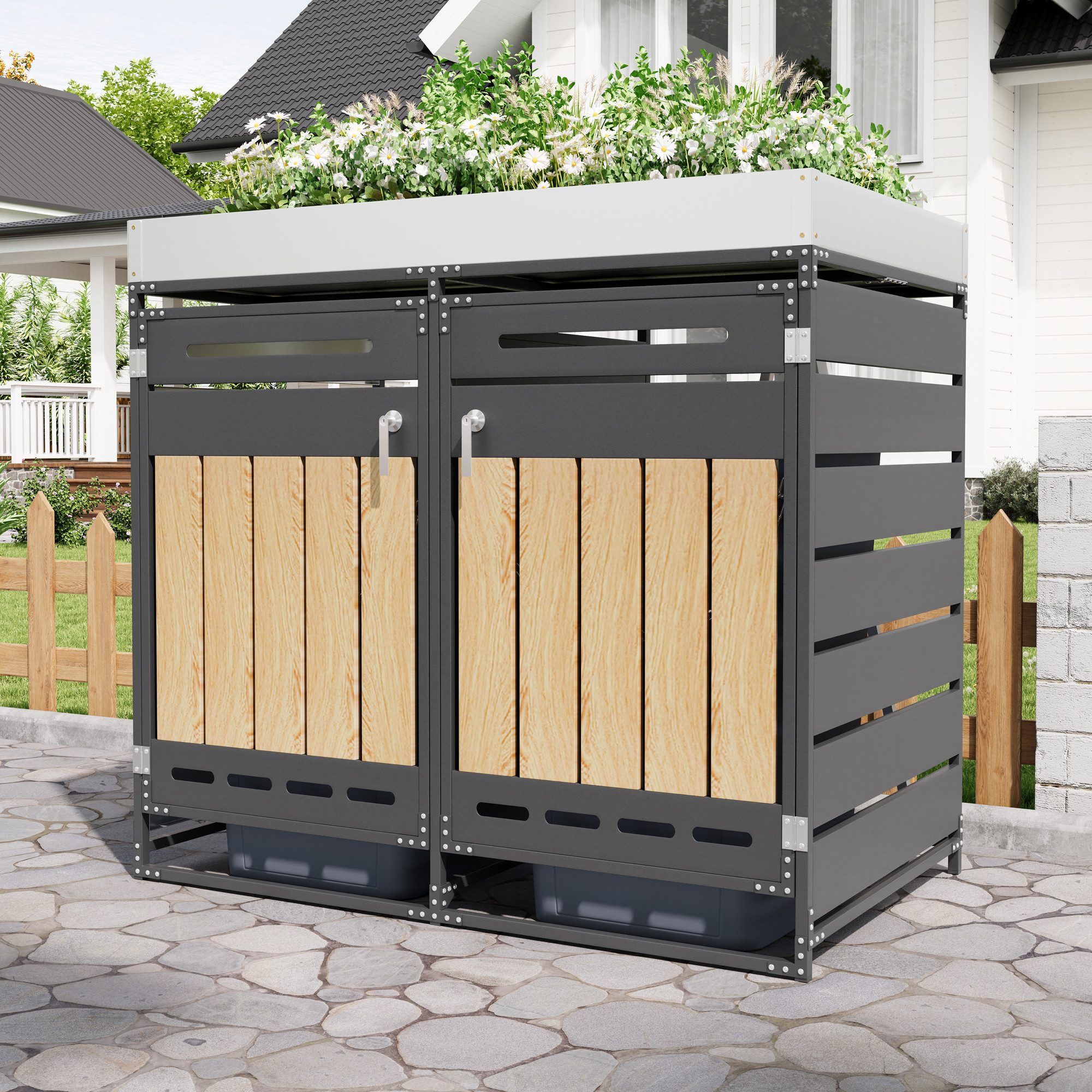MODFU Mülltonnenbox Vertikale Paneele, Belüftungsschlitze, abschließbar (Set, 2 St., Set 2-tlg. schwarz mit integriertem Pflanzkasten, Holzoptik), Stabile Eisenkonstruktion für den Außenbereich, ohne Mülltonne