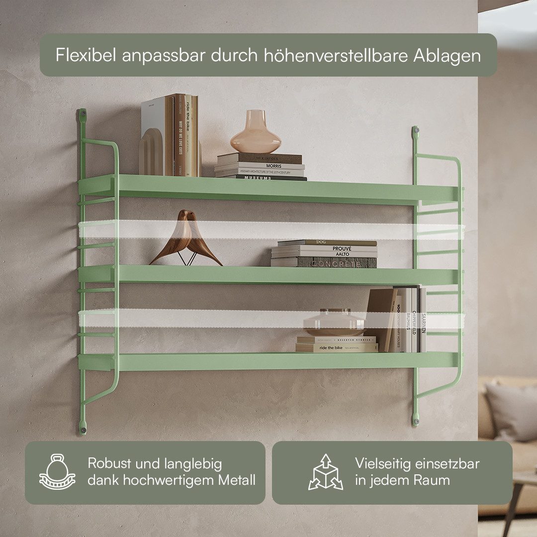 skølm Wandregal Mimir mit 3 höhenverstellbaren Regalböden, mintgrün, bis 5kg pro Ablage, einfache Wandmontage, Metallregal mit offenen Flächen 50x60x15 cm