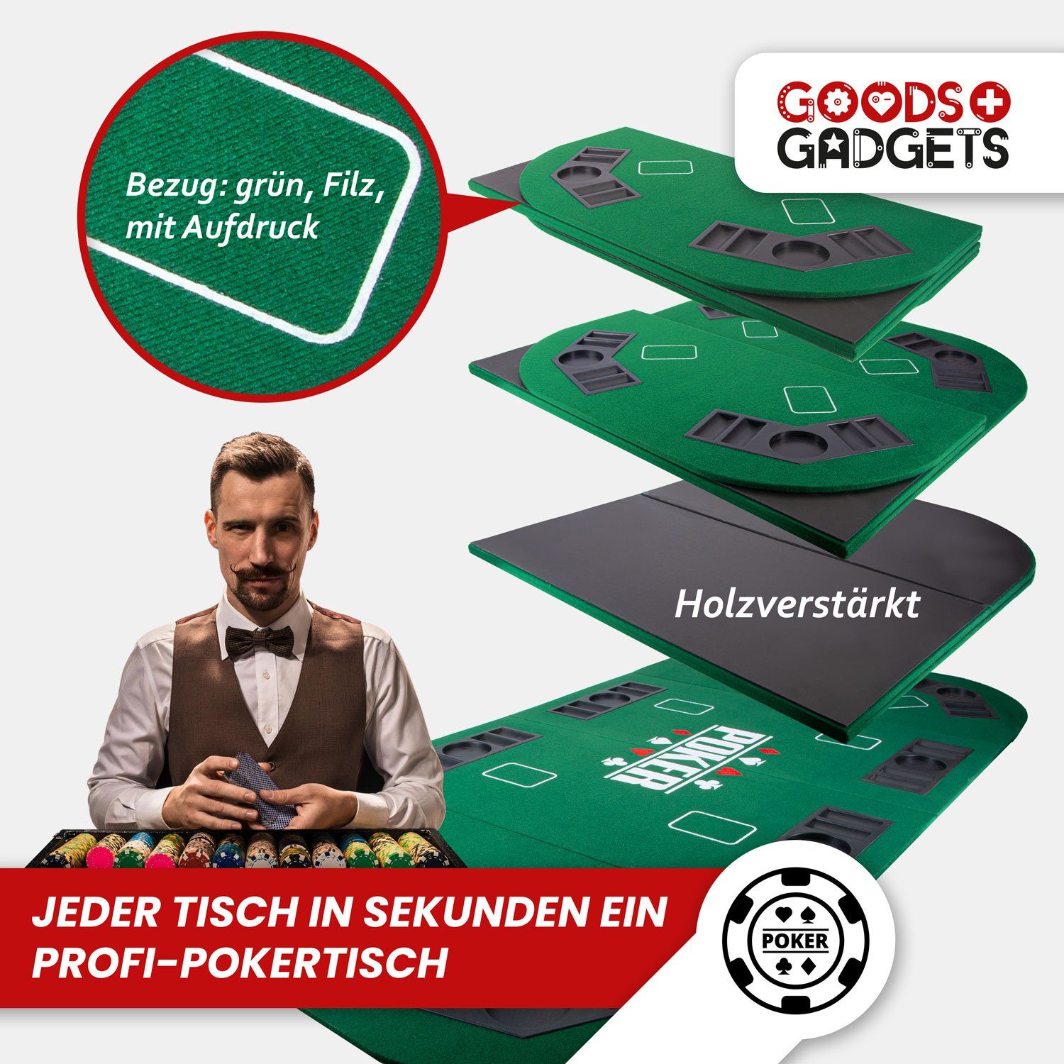 Goods+Gadgets Casinotisch Spiel, Poker-Tisch-Auflage Poker Spielfeld Faltbare Unterlage,