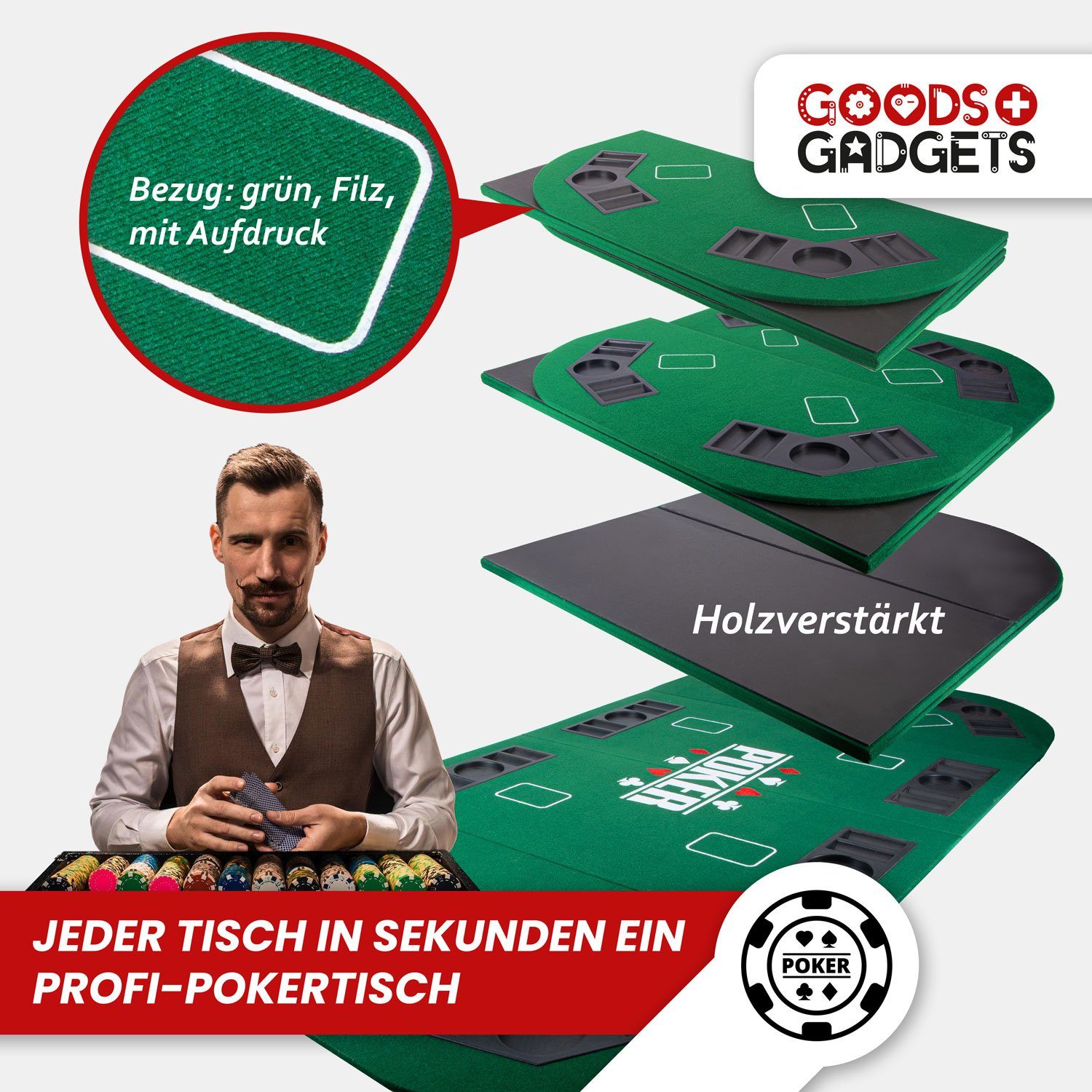 Goods+Gadgets Spiel Faltbare Poker Tischauflage 160x80 cm mit Chiptray & Getränkehalter, Poker-Tisch-Auflage, Casinotisch