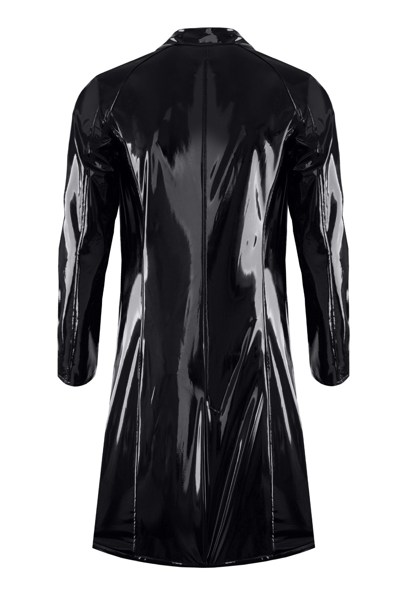 Regnes Fetish Planet Lederimitatmantel Halblanger schwarzer Herren Lack-Mantel mit Taschen Trenchcoat mit Kra