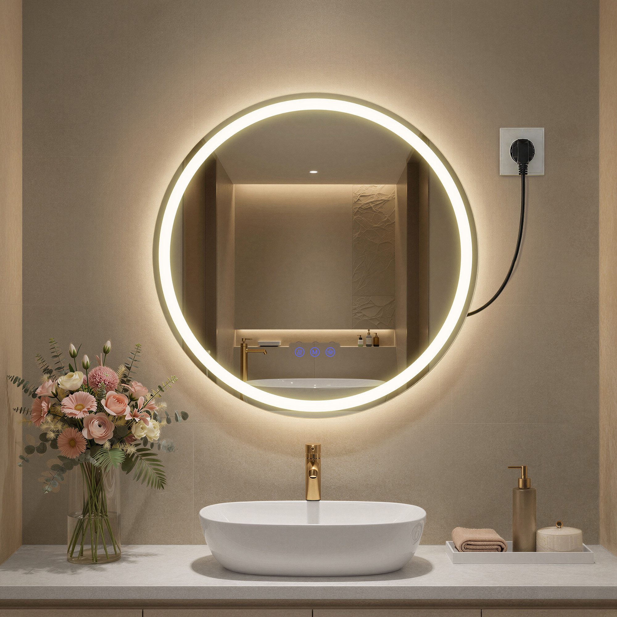 SONGMICS Wandspiegel Runder/Rechteckig Badspiegel, Anti-Beschlag, LED-Licht, dimmbar, 3Modi, Wählbar im Durchmesser 51 cm oder 61 cm,Bad Schlafzimmer