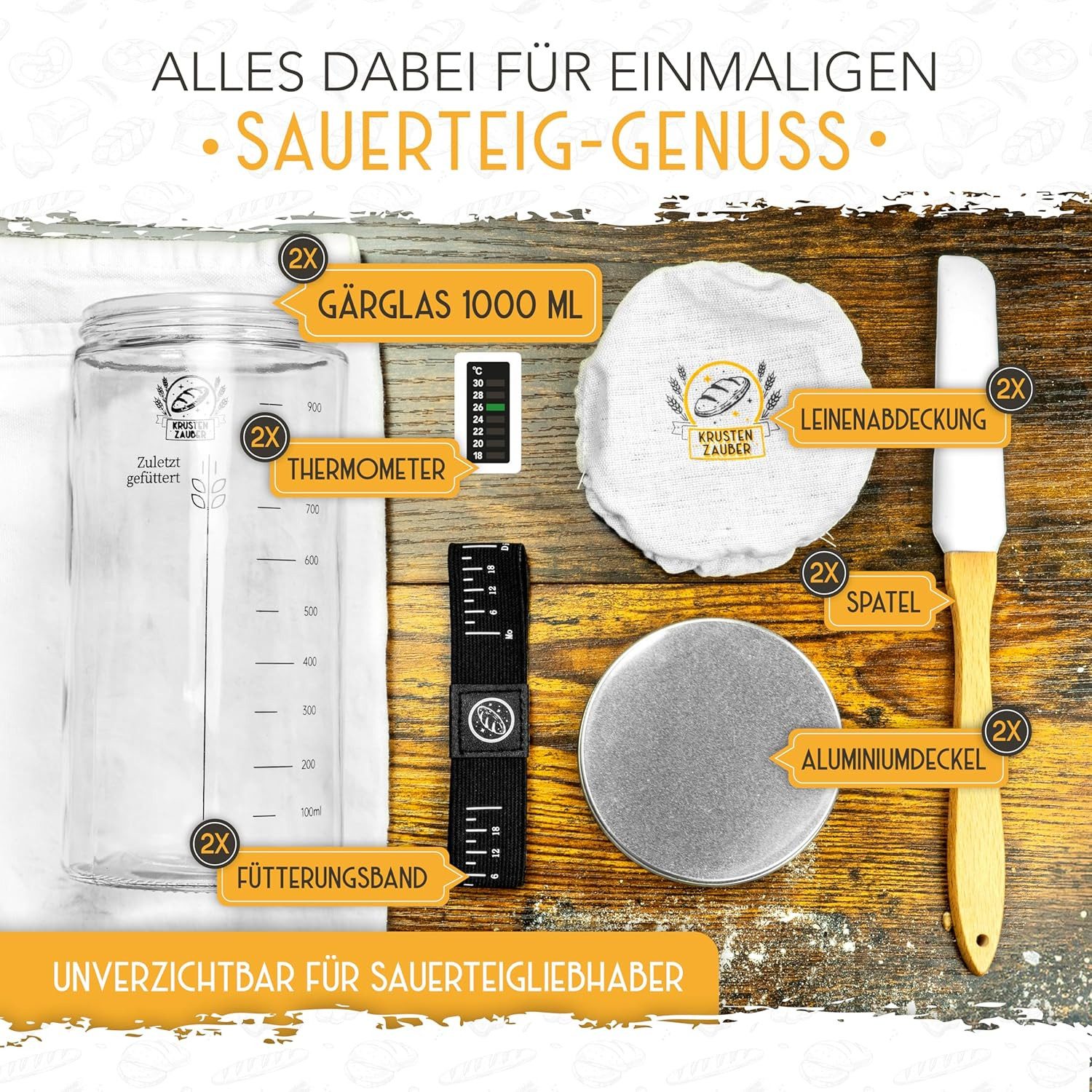 Krustenzauber Fermentationsglas Brotbackform Sauerteig Starter Set - Gärglas mit Spatel u. Thermometer, (2-tlg)