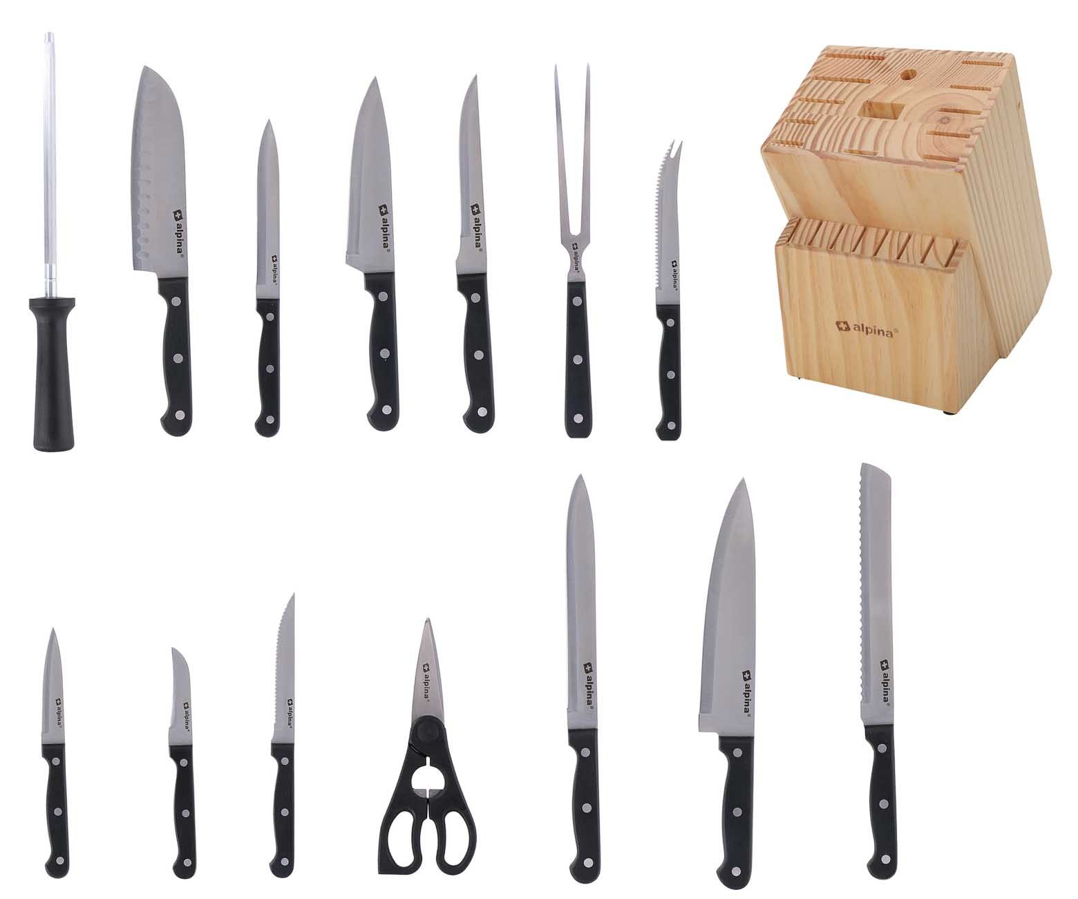 Alpina Messerblock Küchenmesser Set 15 teilig, Edelstahl Messer-Set