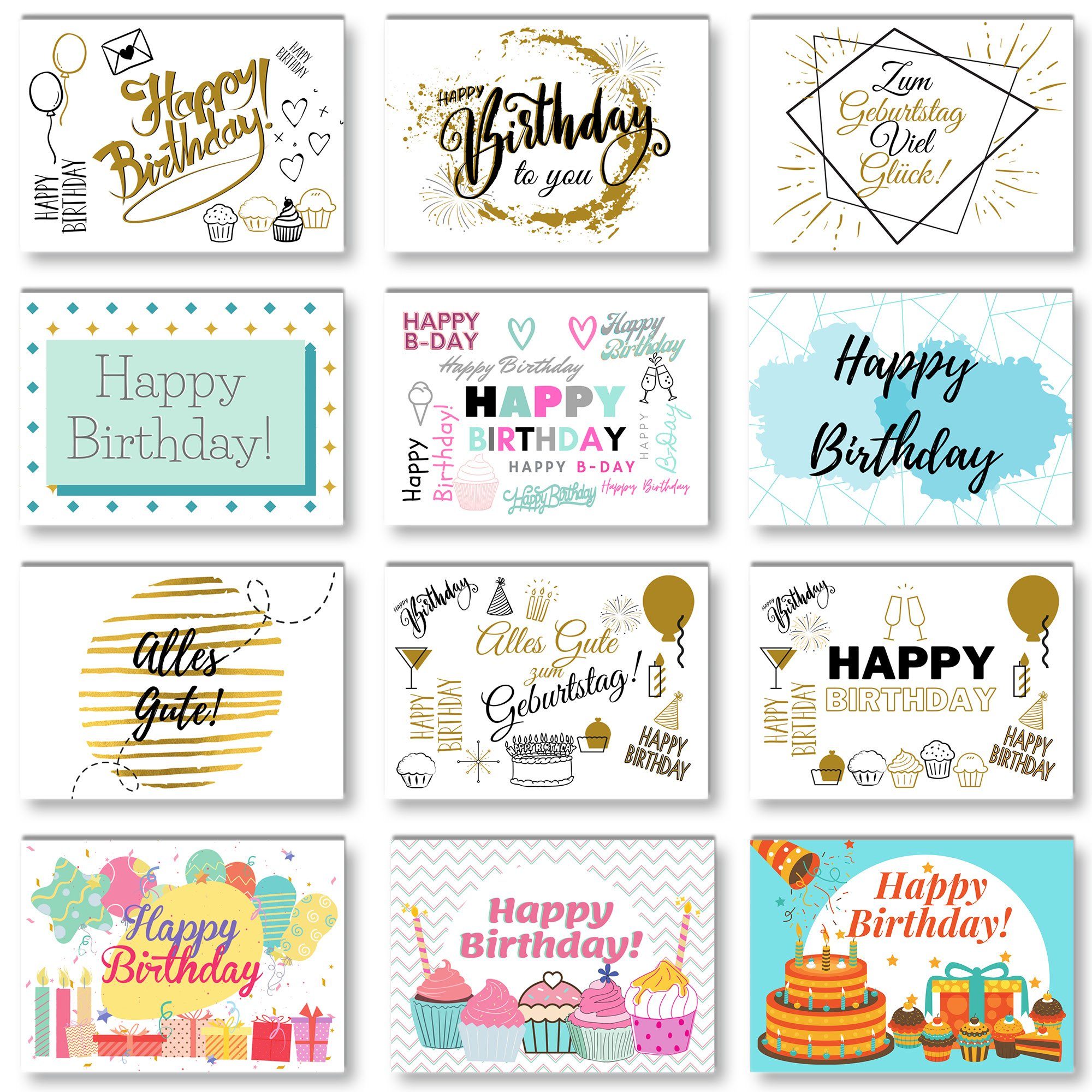 Kraftpapier Karten Set, Umschlag, Birthday Happy 12er Domelo Geburtstagskarte Postkarten, Set Geburtstag Geburtstagskarten 12er mit zum Grußkarten