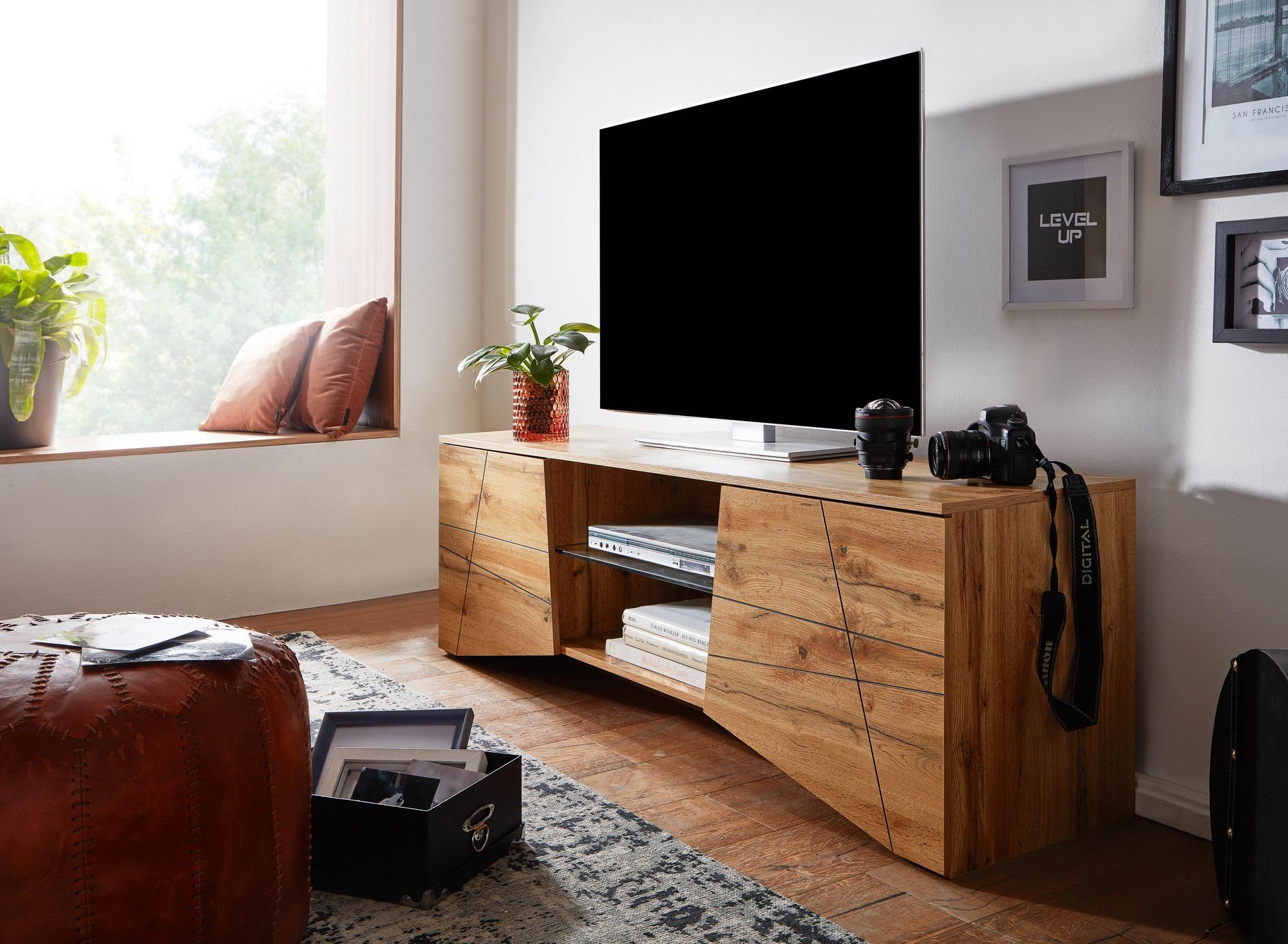 FINEBUY Lowboard FB76452 (Holz Eiche-Dekor 160x50x40 cm mit zwei Türen), TV-Kommode  Hoch, TV-Schrank Modern, Fernsehtisch