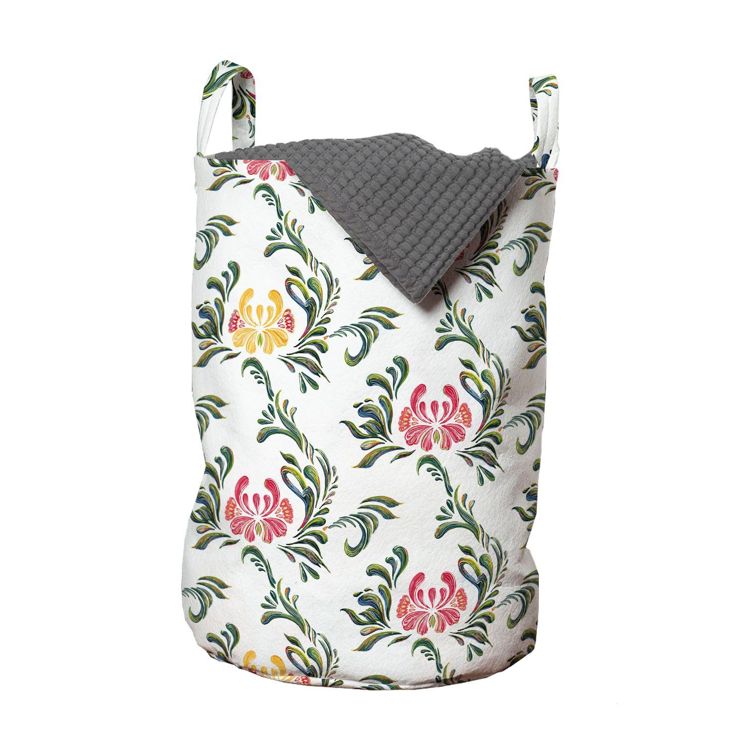 Abakuhaus Wäschekorb Waschsalons, Kordelzugverschluss mit Belaubt Ornament Flourishes Wäschesäckchen für Griffen Blumen