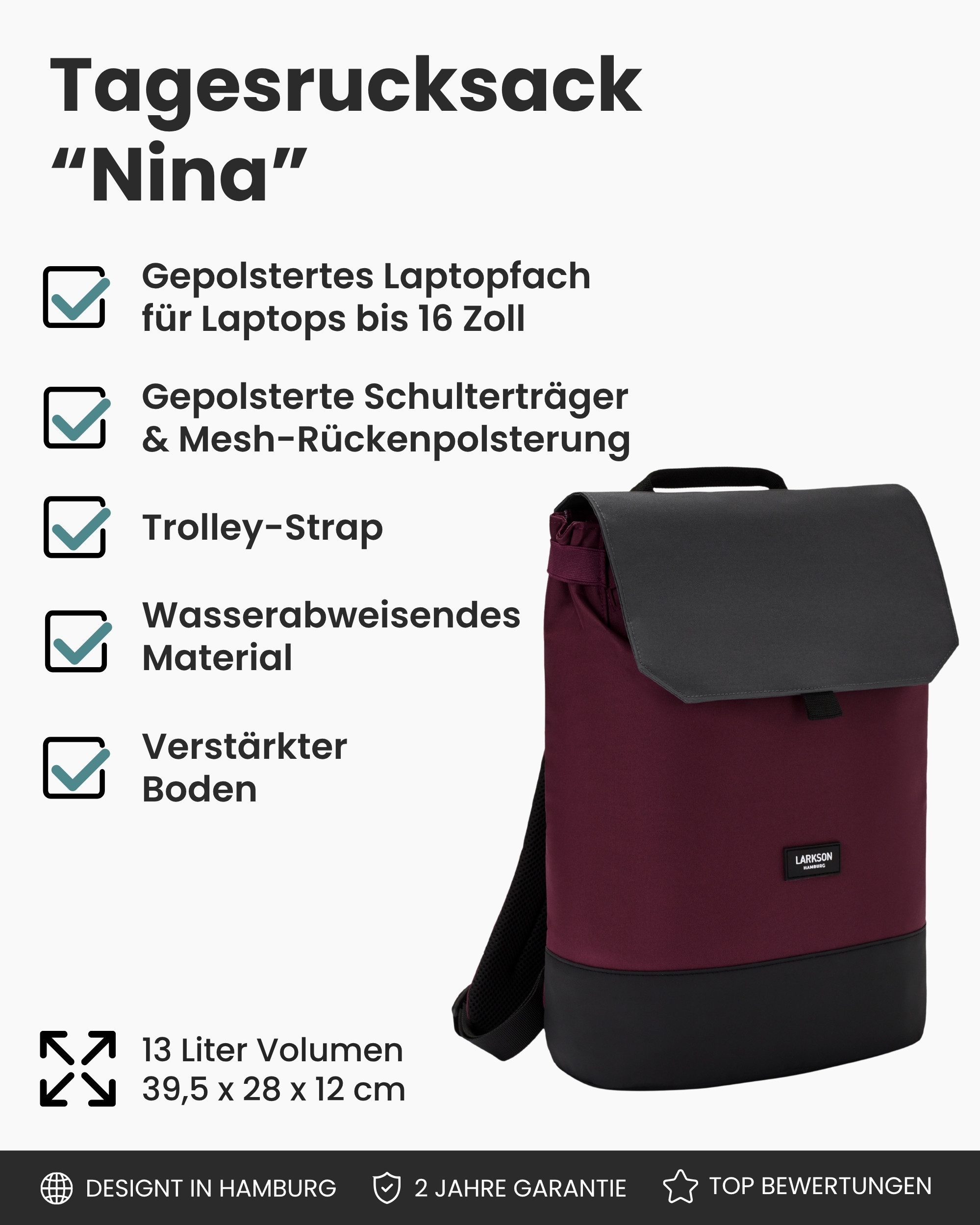 LARKSON Cityrucksack Nina Tagesrucksack für Damen (1-tlg), Damenrucksack mit 16 Zoll Laptopfach, Wasserabweisend