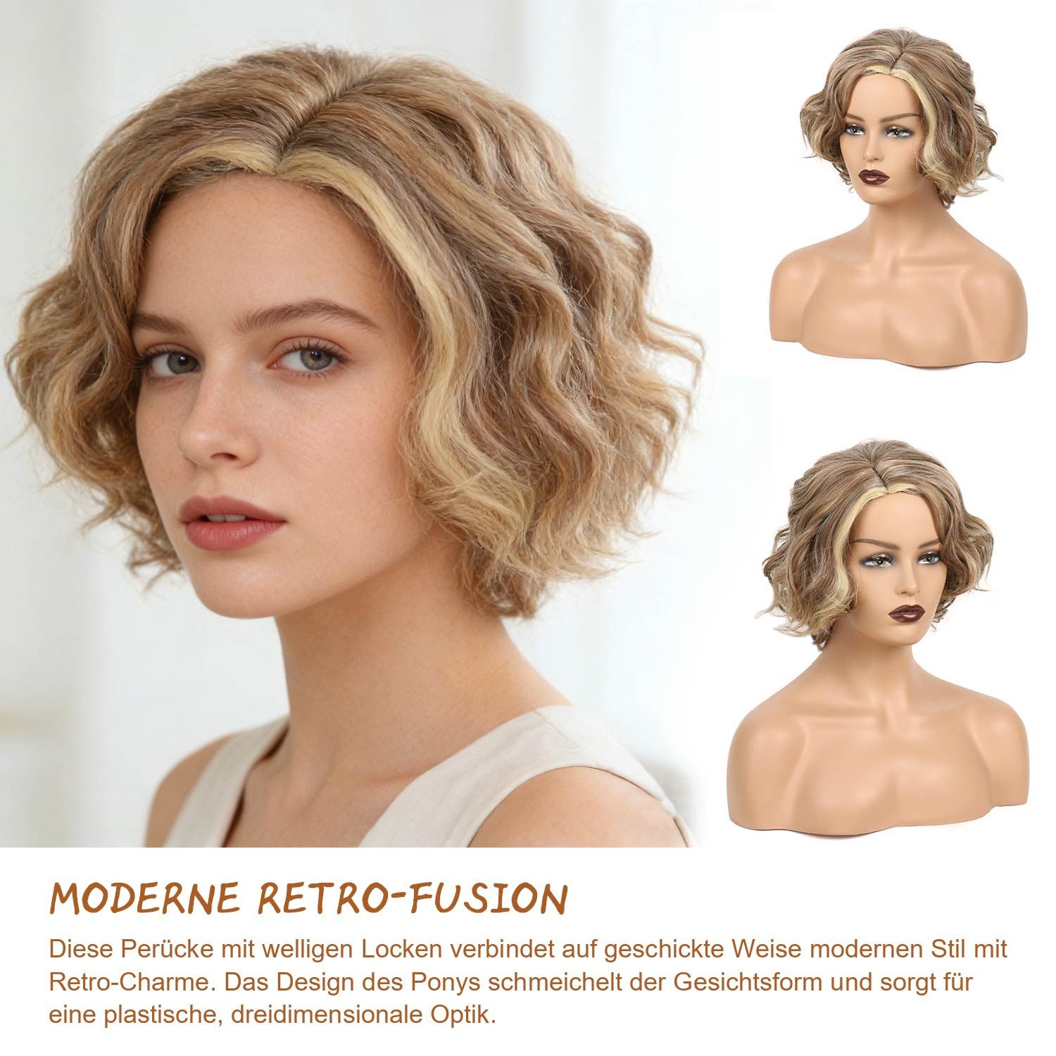 Refttenw Kunsthaarperücke Einstellbar Damen Natürliche Perücke,Kurze Lockige Blond Perücke