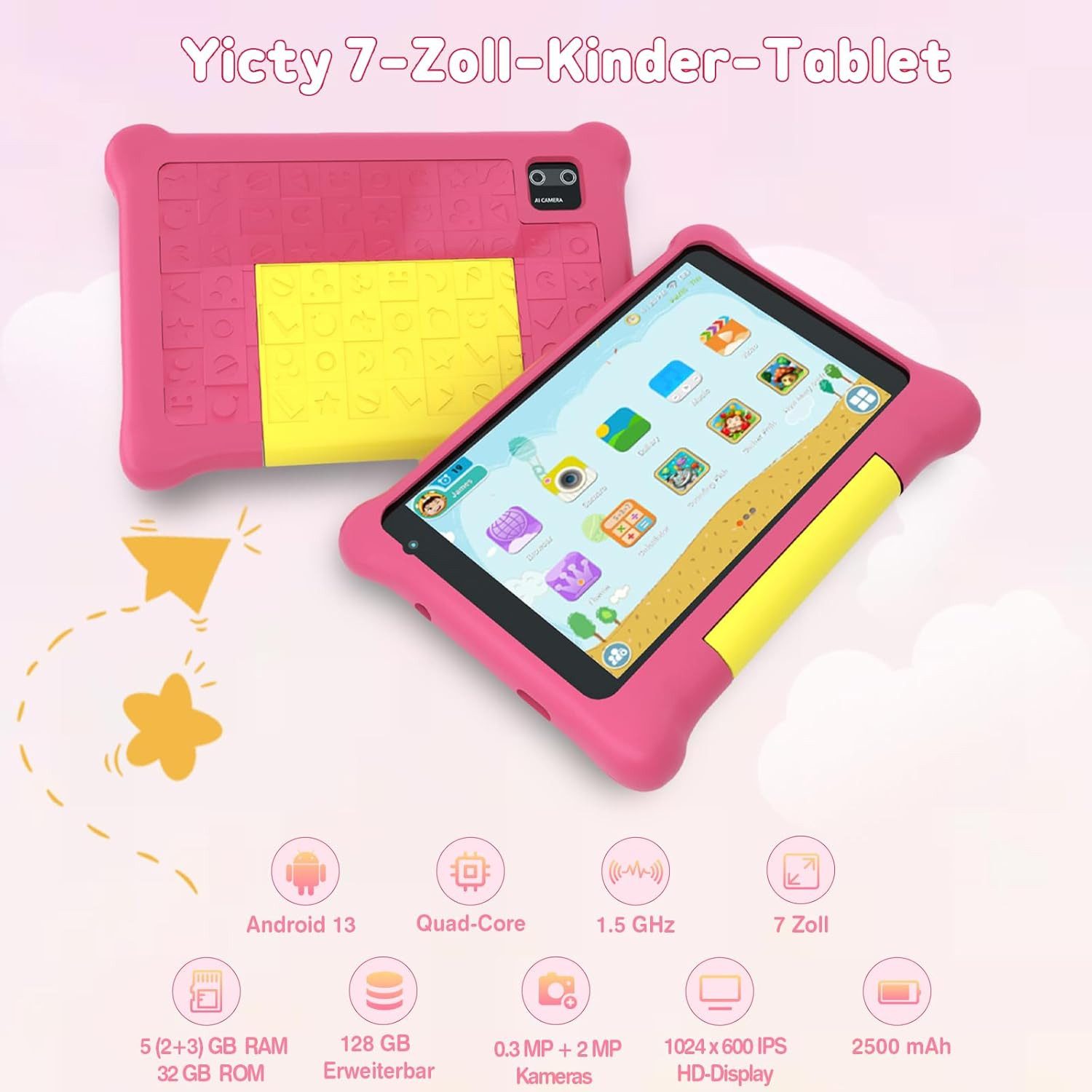 SpionProfi Lerntablet 7 Zoll Kinder Tablet Touchscreen Lernspiele Bluetooth Wifi PC, (1-tlg), Touchscreen Kinder Tablet mit Lernspiele & Kindersicherung