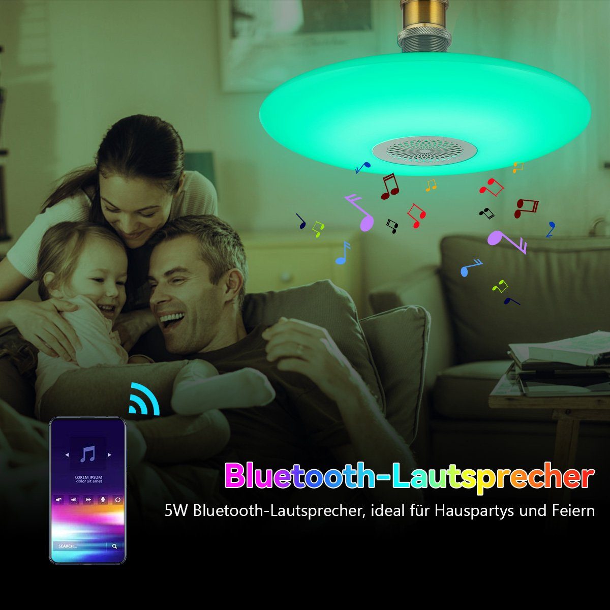 E27 Deckenlampe Glühbirne, Dimmbar Bluetooth Farbige LED mit Lautsprecher, Leuchtmittel, Deckenleuchte Fernbedienung RGB, LETGOSPT LED mit RGB integriert, Dimmbar fest 48W