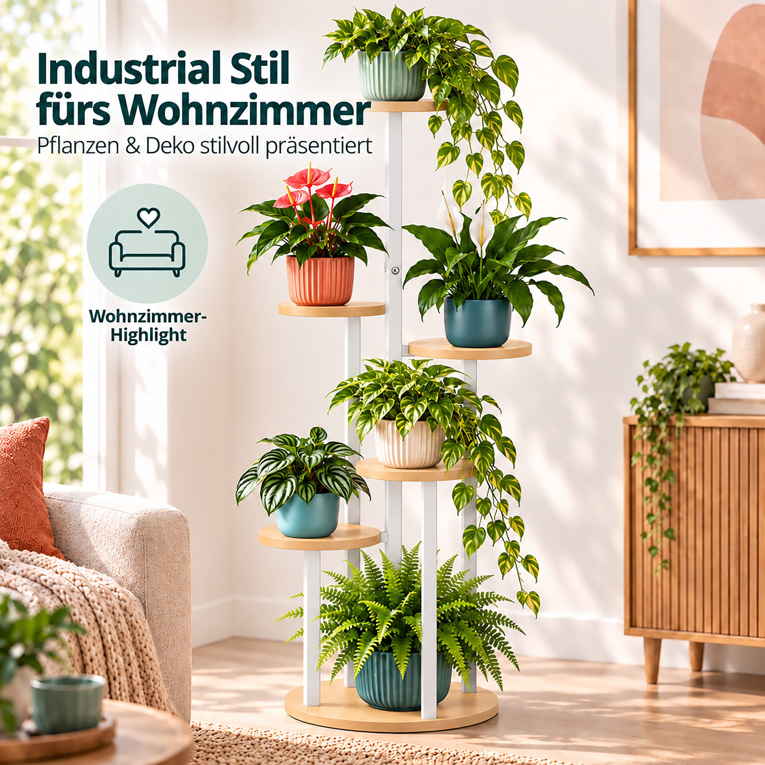 relaxdays Blumenständer Pflanzenständer mit 5 runden Ablagen (1 St), Natur-Weiß – Bild 3 von 5